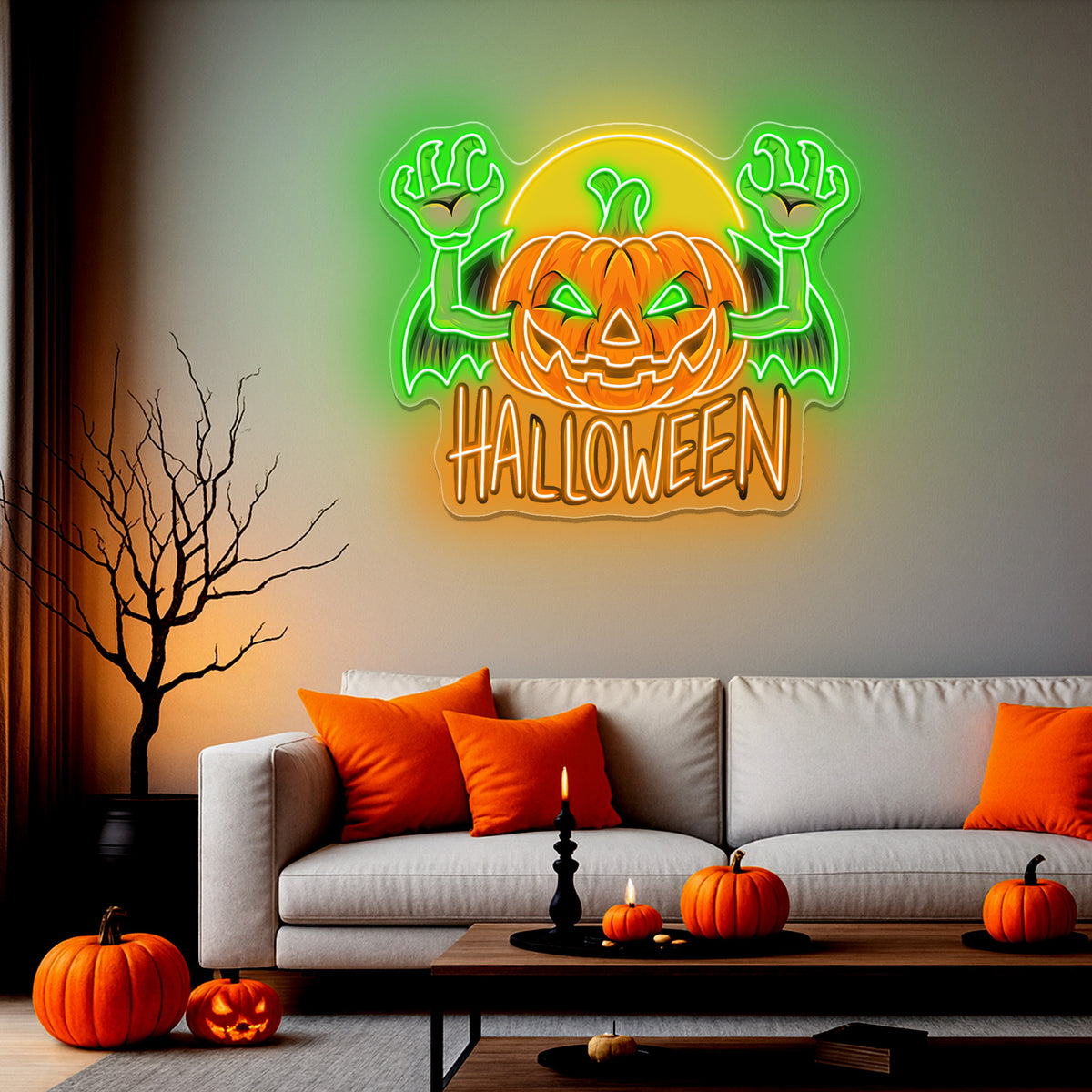 Flying Pumpkin Neon Sign – Halloween LED Wall Light for Spooky Home & Party Décor
