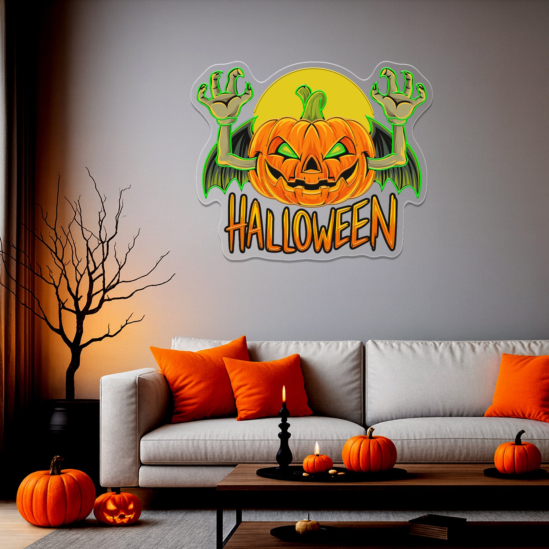 Flying Pumpkin Neon Sign – Halloween LED Wall Light for Spooky Home & Party Décor