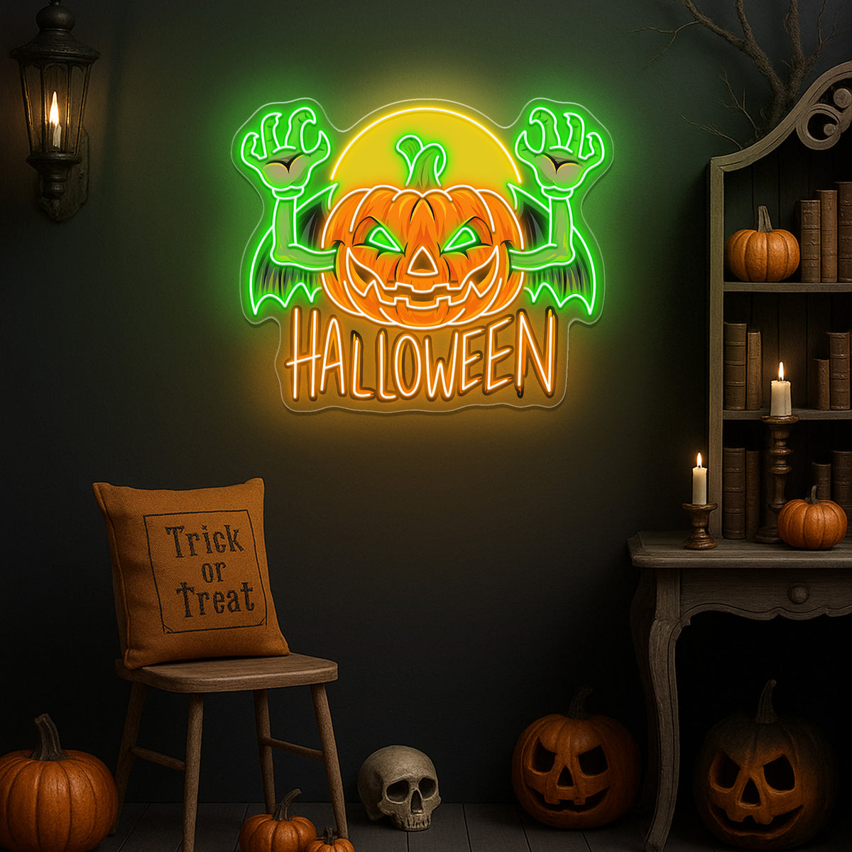 Flying Pumpkin Neon Sign – Halloween LED Wall Light for Spooky Home & Party Décor