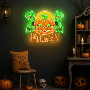 Flying Pumpkin Neon Sign – Halloween LED Wall Light for Spooky Home & Party Décor