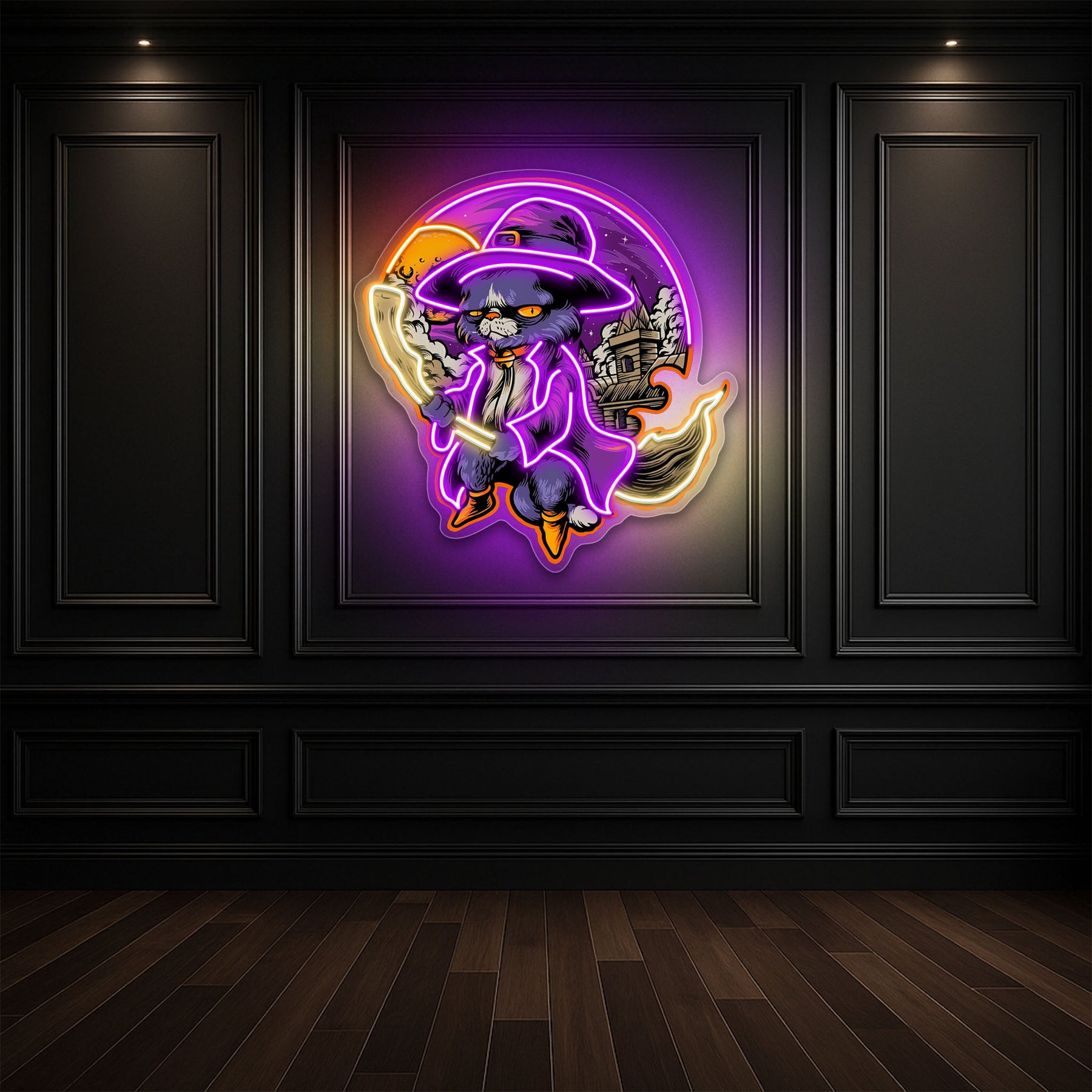 Black Cat Witch Neon Sign – Halloween LED Wall Light for Spooky Home & Party Décor
