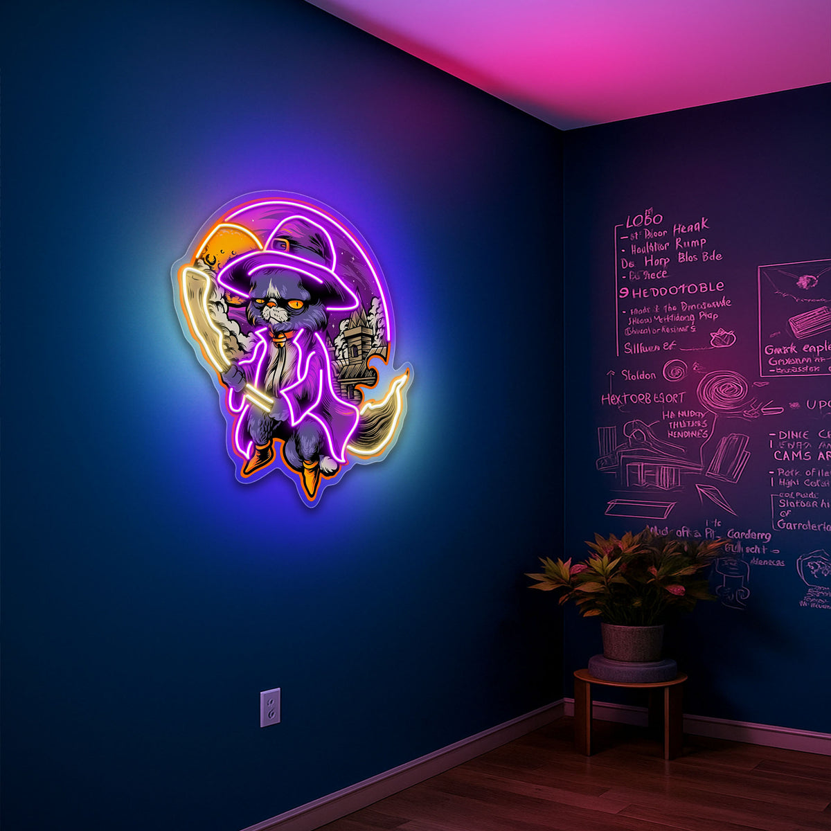 Black Cat Witch Neon Sign – Halloween LED Wall Light for Spooky Home & Party Décor