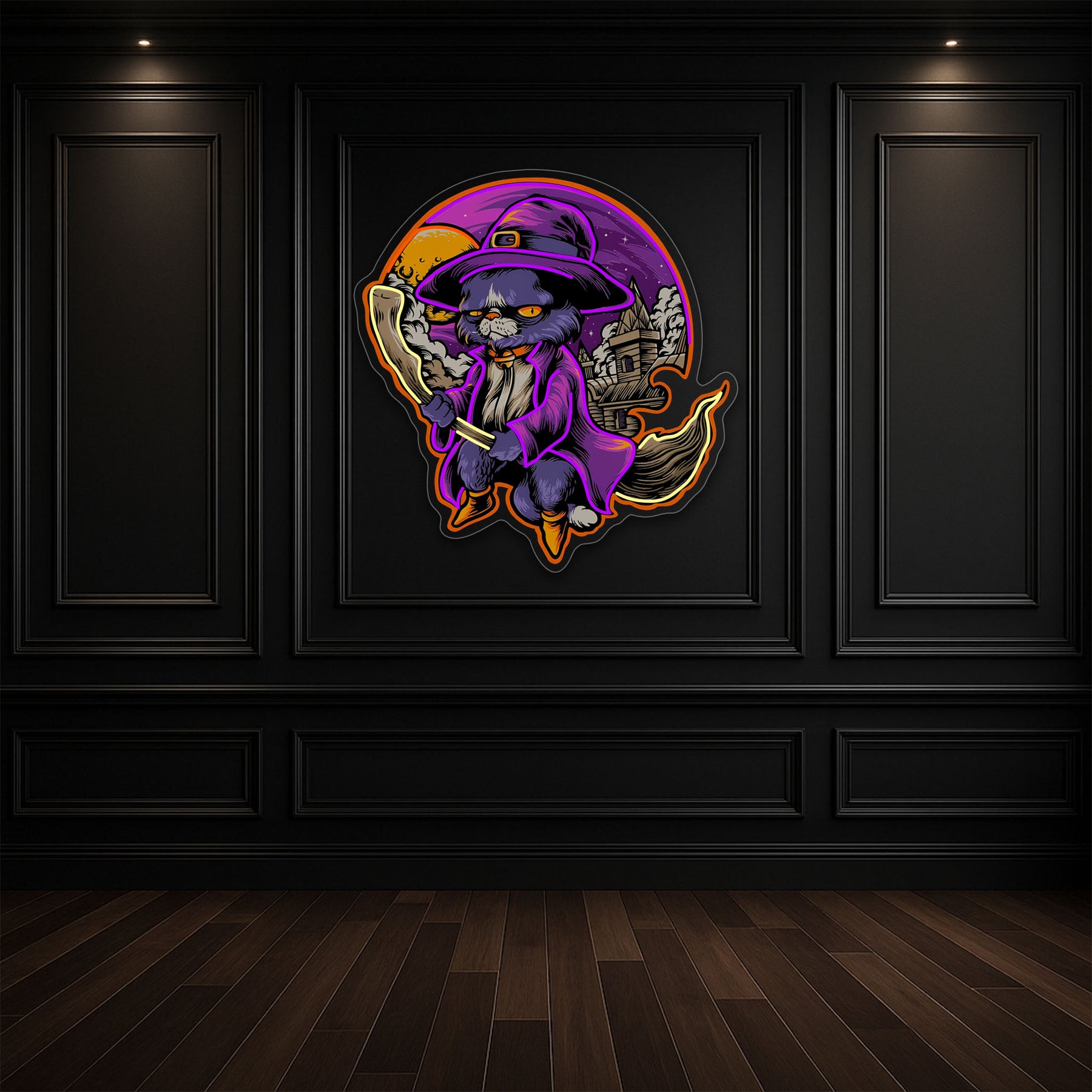 Black Cat Witch Neon Sign – Halloween LED Wall Light for Spooky Home & Party Décor