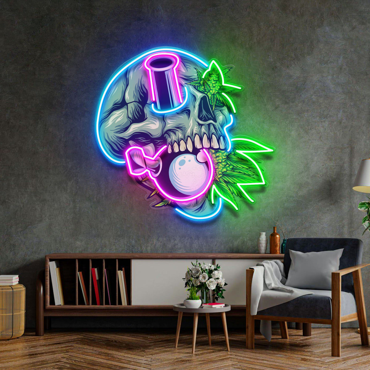 Stone Skull With Weed Bong LED Neon Sign Light Pop Art