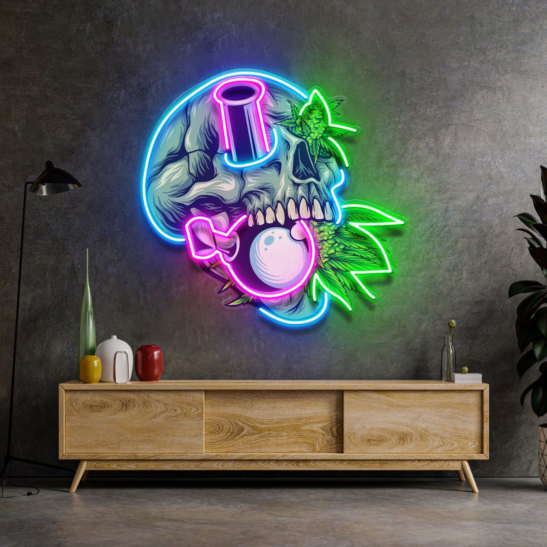 Stone Skull With Weed Bong LED Neon Sign Light Pop Art