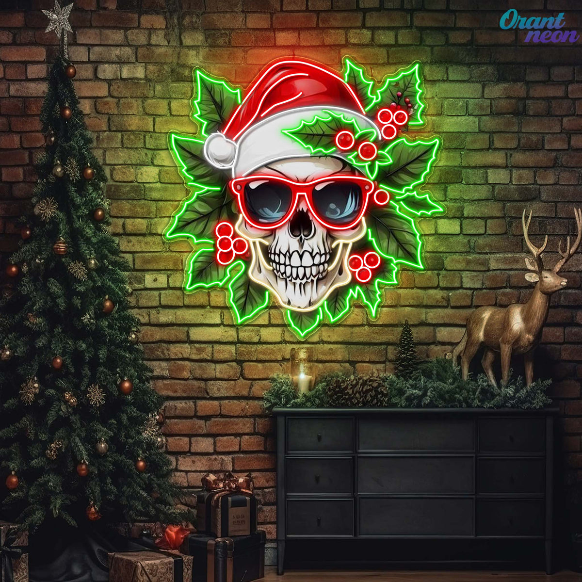 Holly Jolly Skull: Santa in Bloom Neon Sign Light Artwork