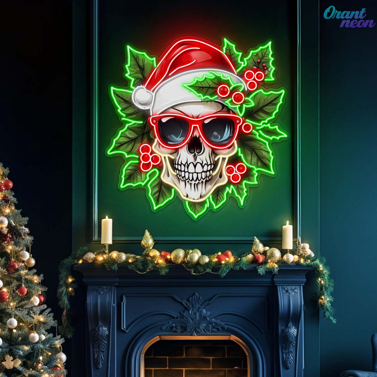 Holly Jolly Skull: Santa in Bloom Neon Sign Light Artwork