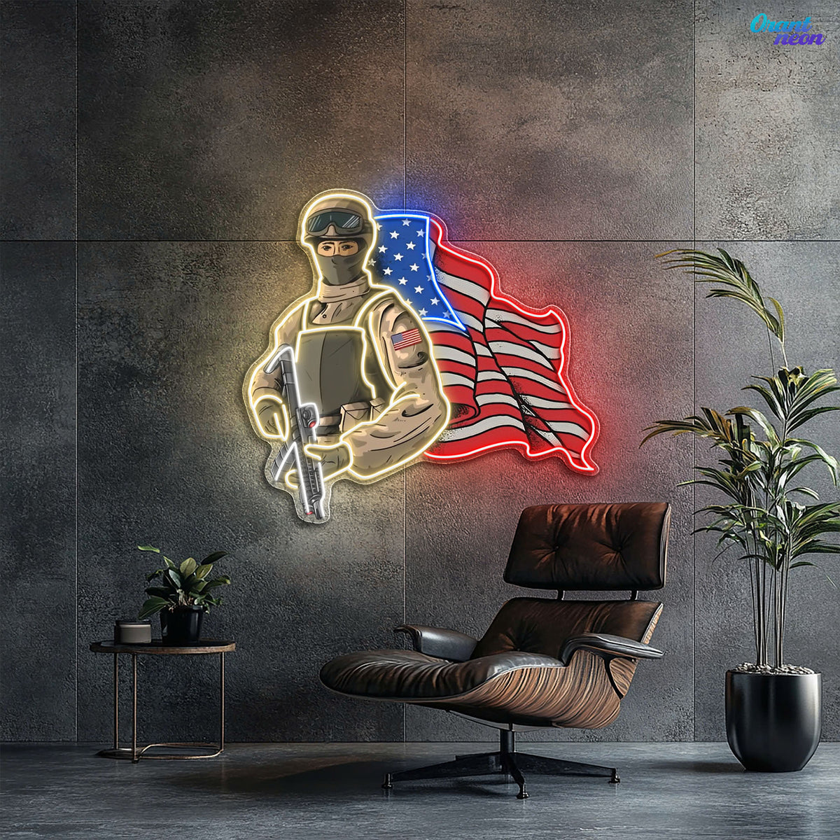 The American Pride - Soldier holds Gun and USA Flag Neon Sign Light Artwork