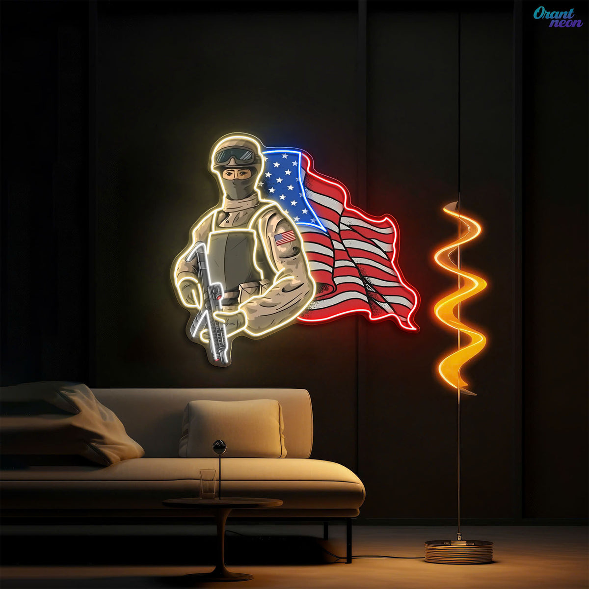 The American Pride - Soldier holds Gun and USA Flag Neon Sign Light Artwork