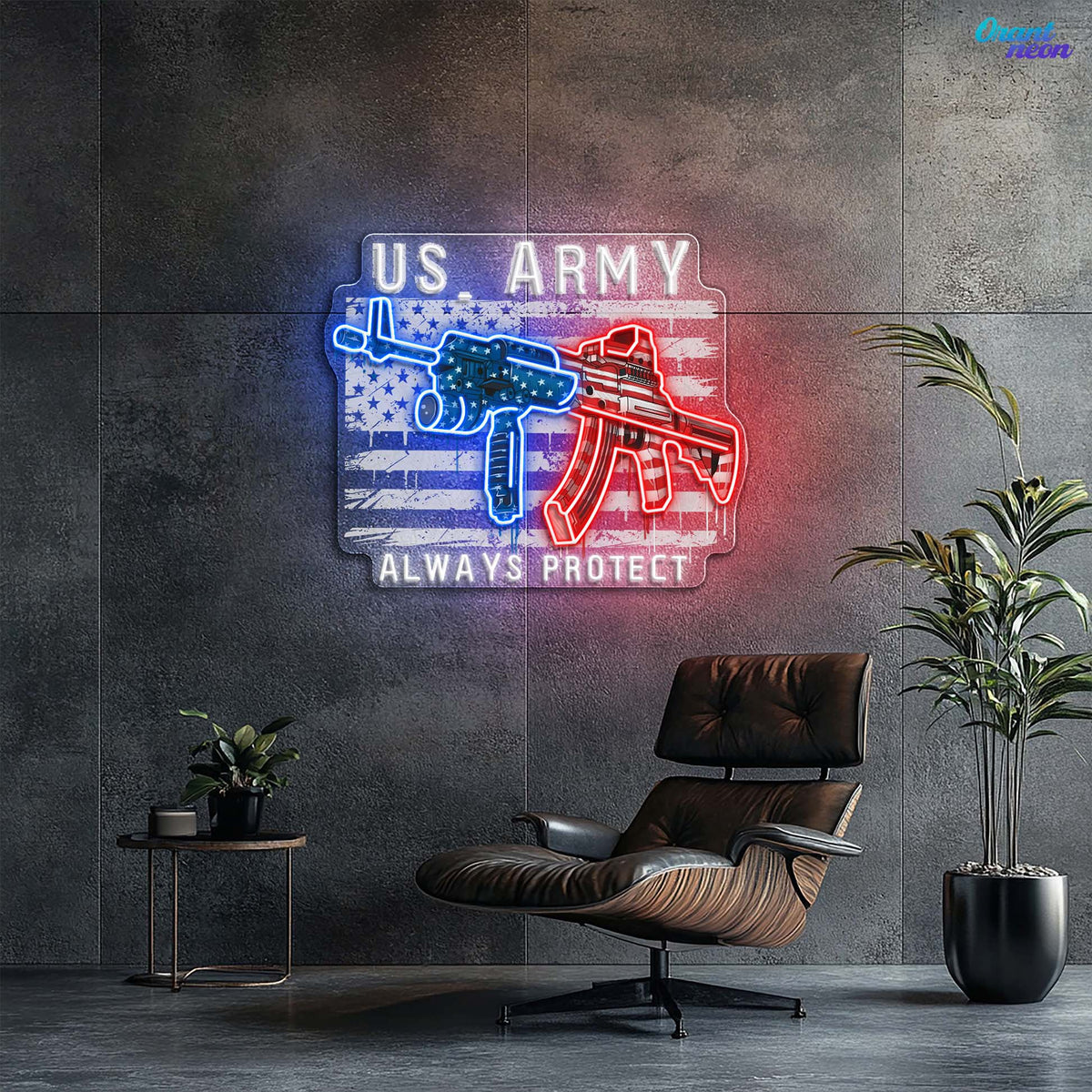 US Army - ArmaLite Rifle Gun and American Flag Neon Sign Light Artwork