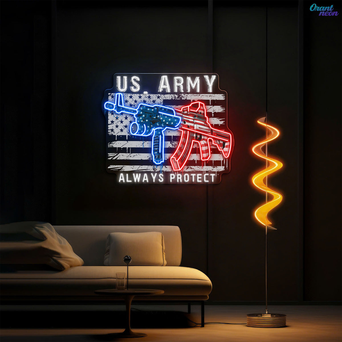 US Army - ArmaLite Rifle Gun and American Flag Neon Sign Light Artwork