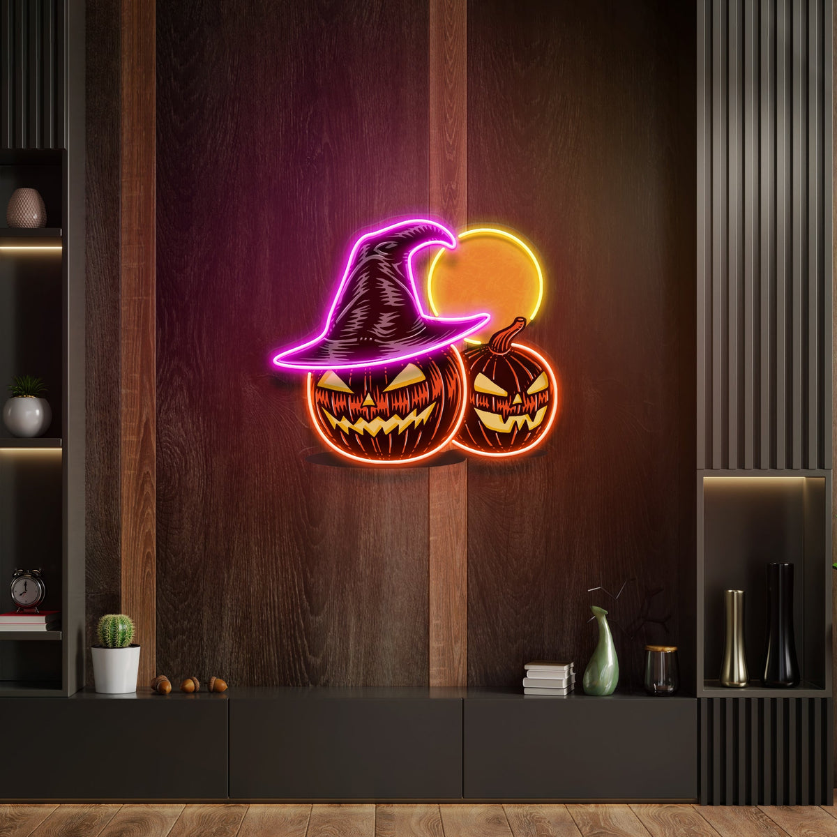 Witch And Moon Pumpkin Artwork Led Neon Sign Light