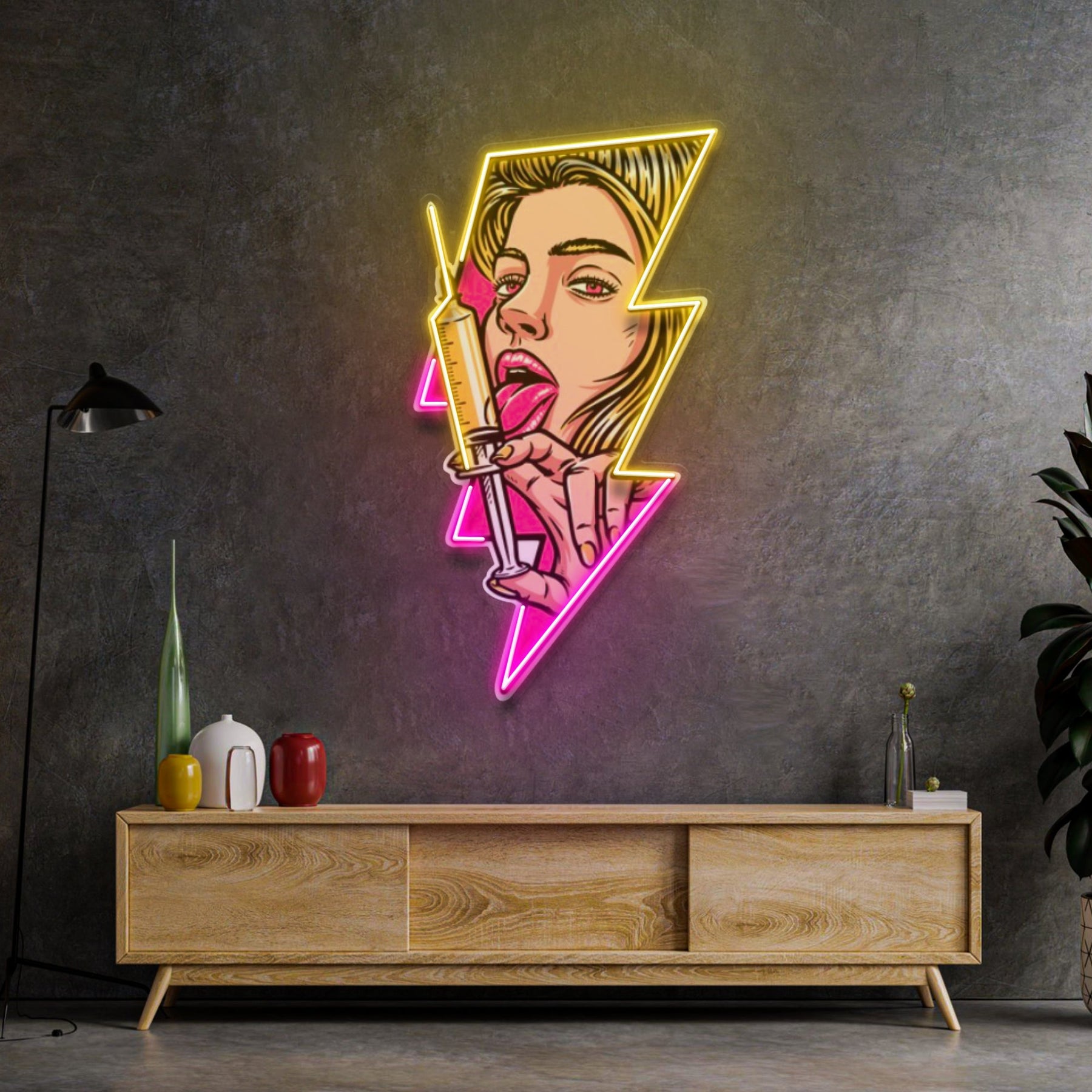 Beautiful Woman Is Holding An Injection LED Neon Sign Light Pop Art
