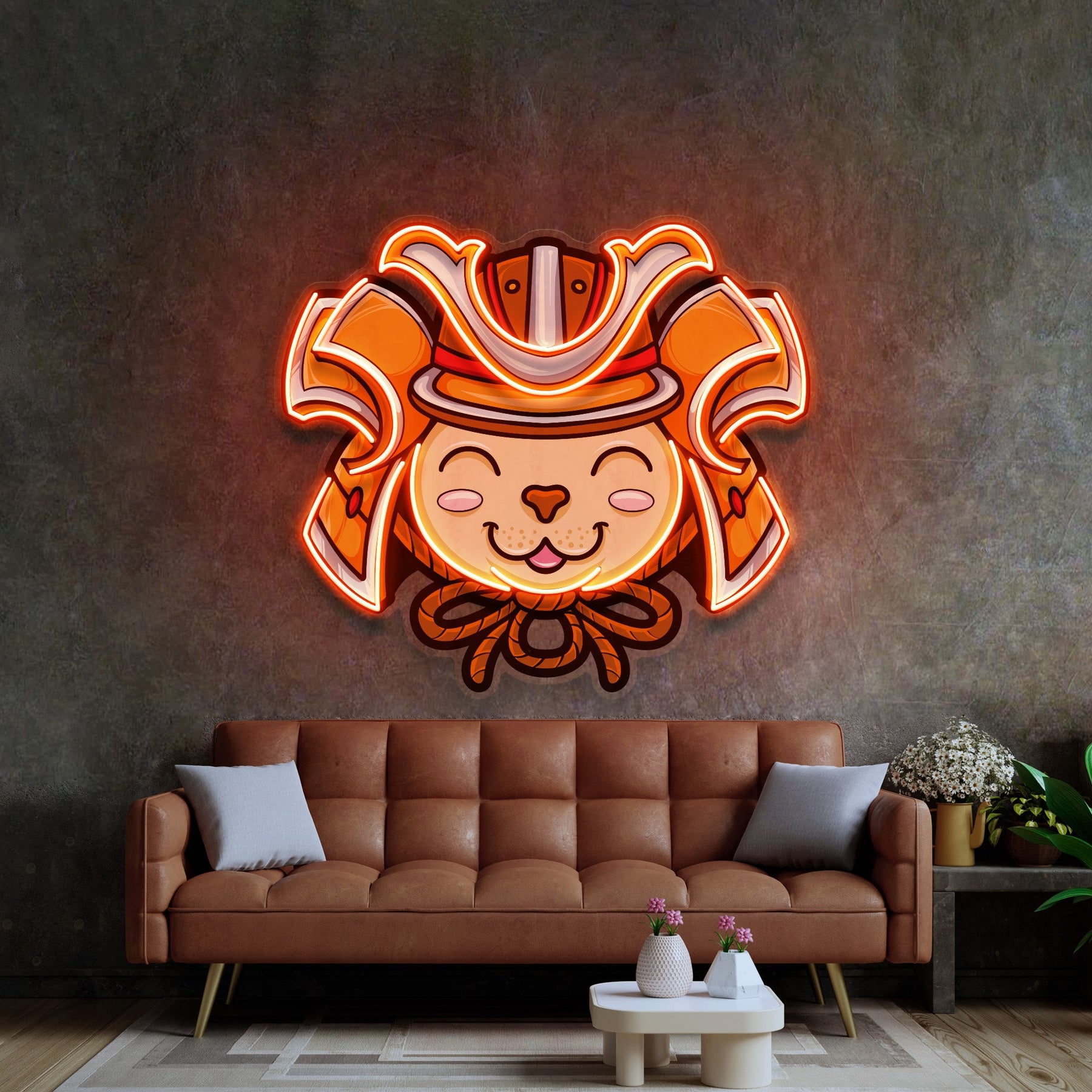 Cat Wearing Samurai Helmet LED Neon Sign Light Pop Art