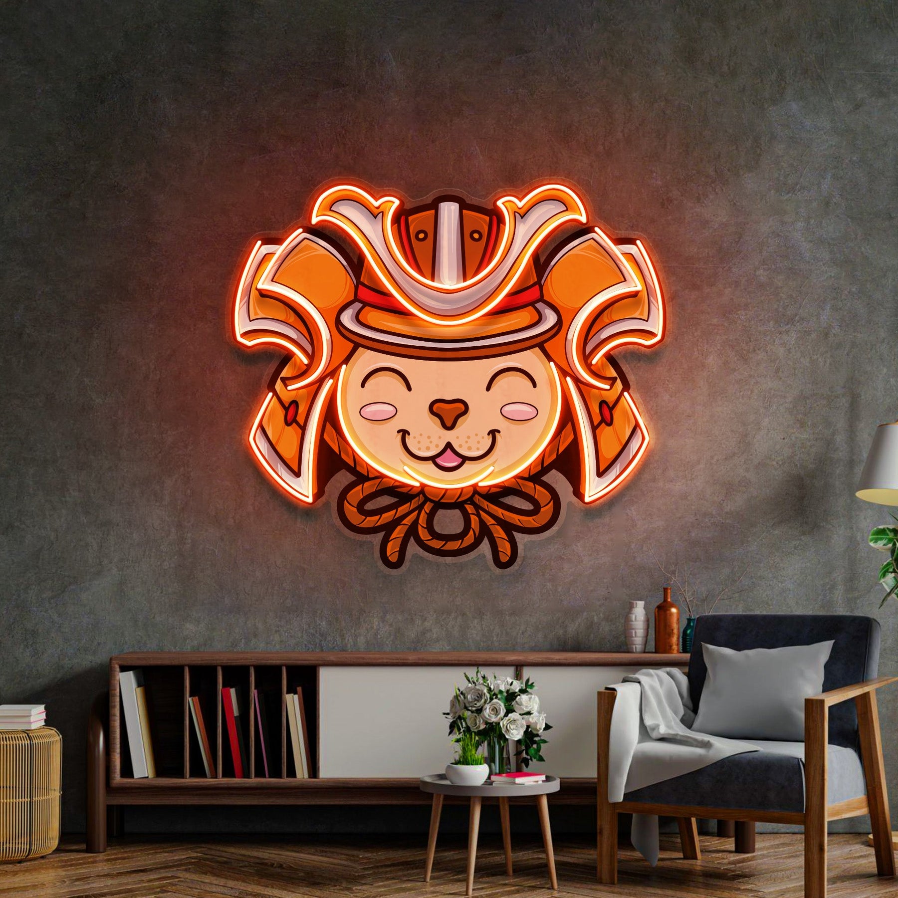 Cat Wearing Samurai Helmet LED Neon Sign Light Pop Art