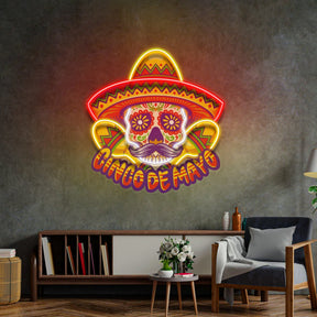 Cinco De Mayo Skull Mascot LED Neon Sign Light Pop Art