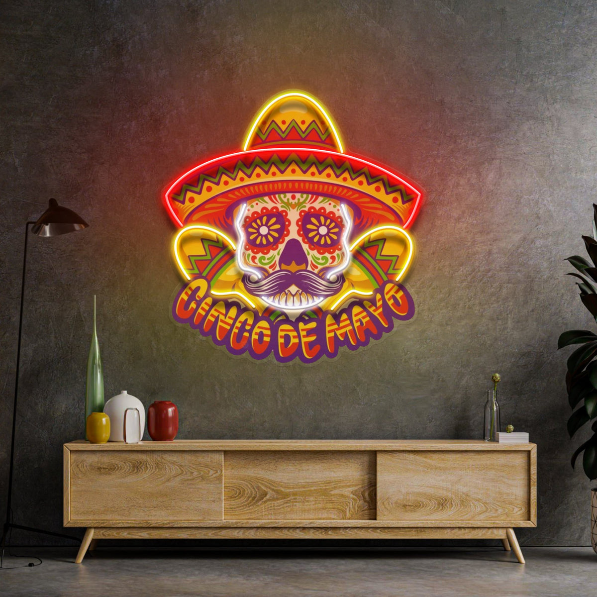 Cinco De Mayo Skull Mascot LED Neon Sign Light Pop Art