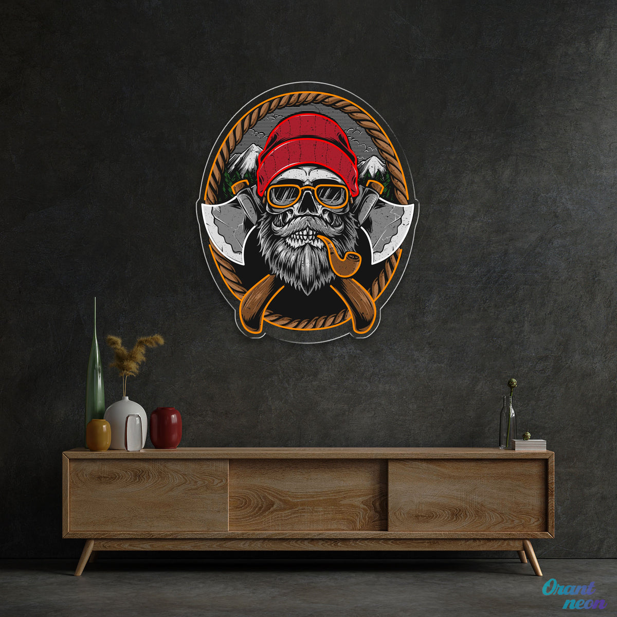 Beard Woodman Skull With Axe Neon Sign Light Artwork