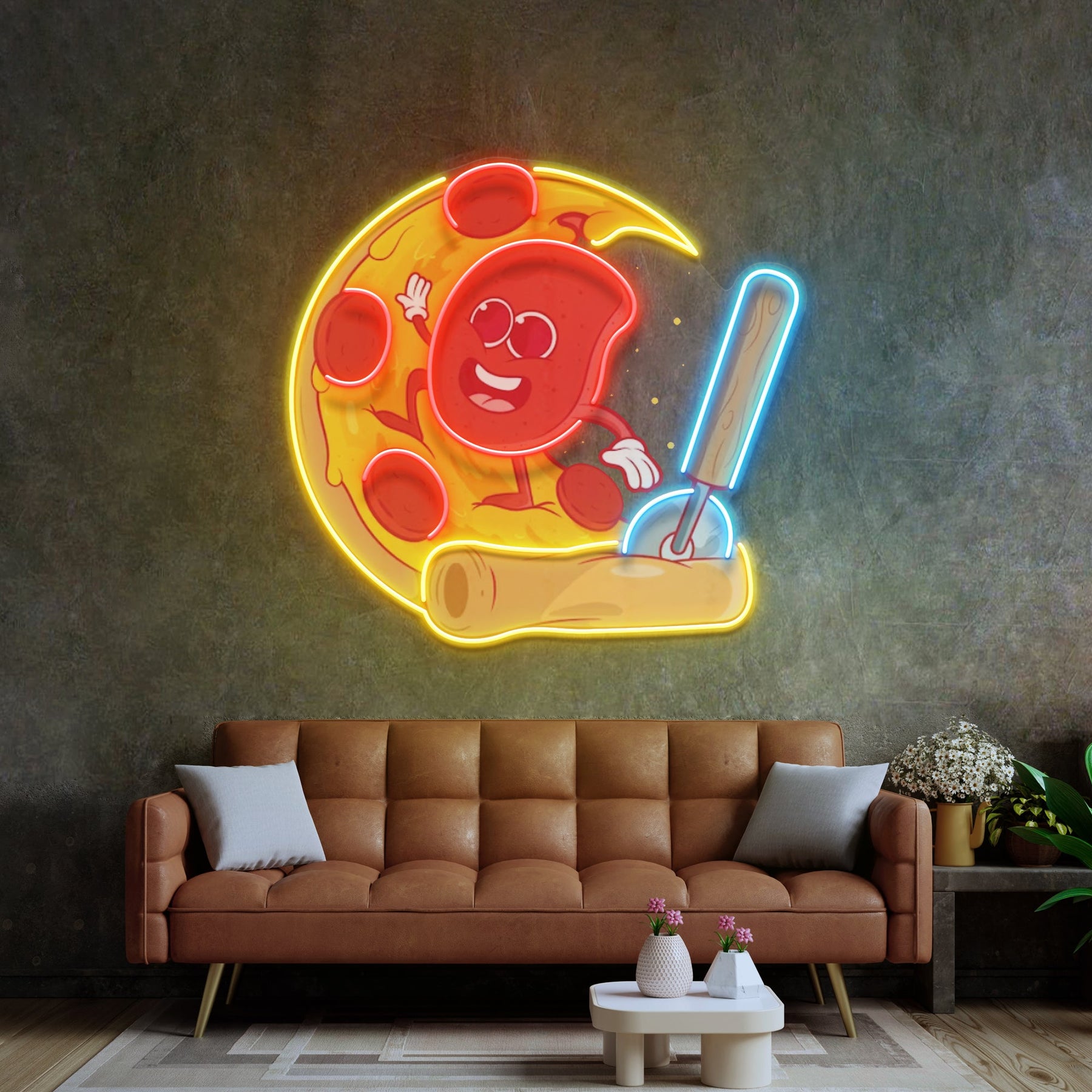 Salami Surfing a Pizza Wave LED Neon Sign Light Pop Art