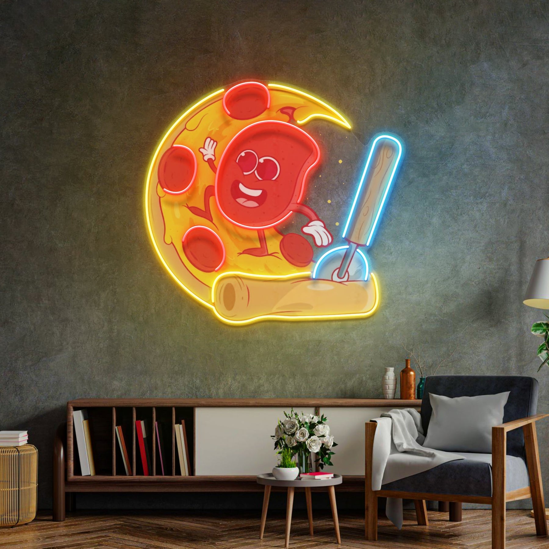 Salami Surfing a Pizza Wave LED Neon Sign Light Pop Art