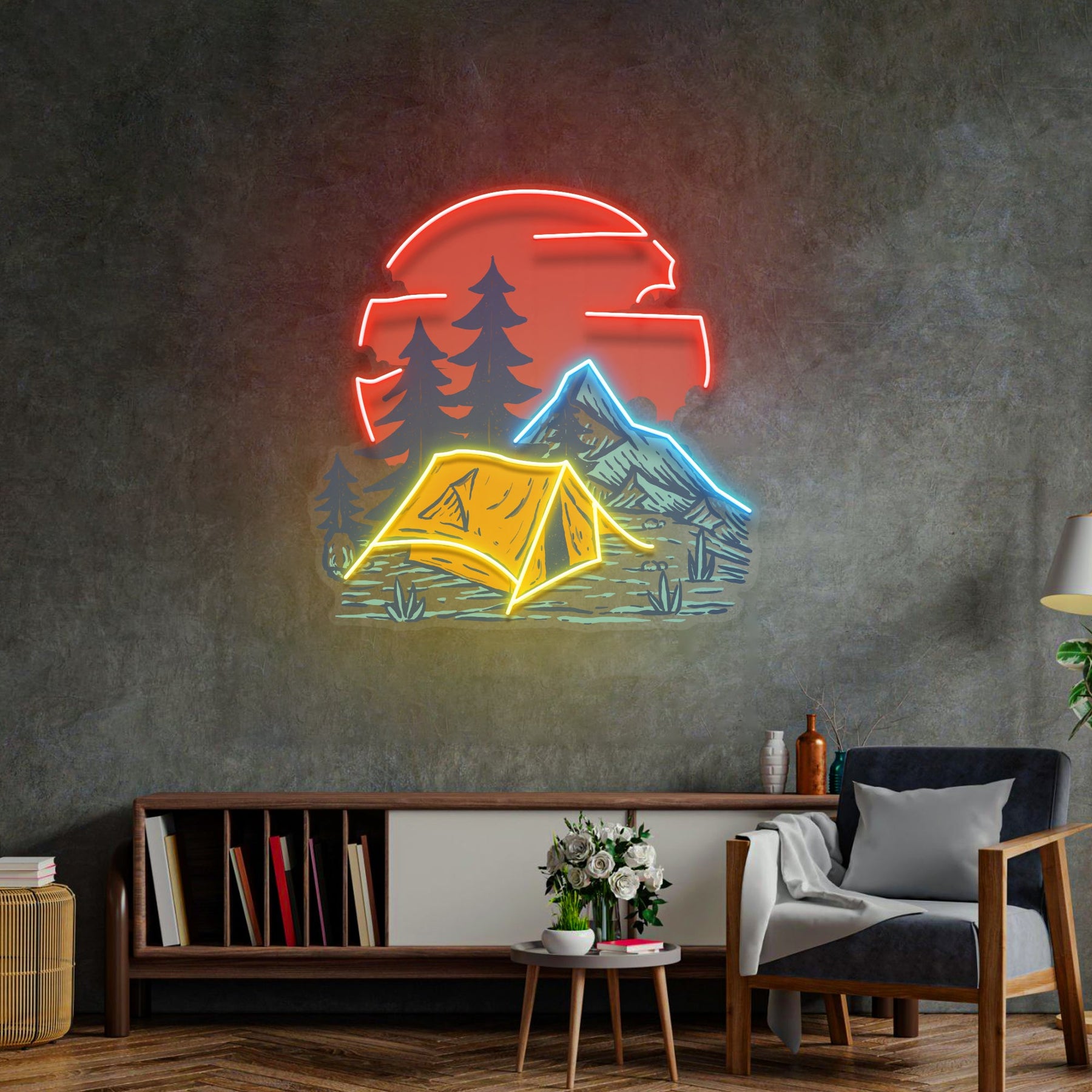 Camping Under Red Moon LED Neon Sign Light Pop Art