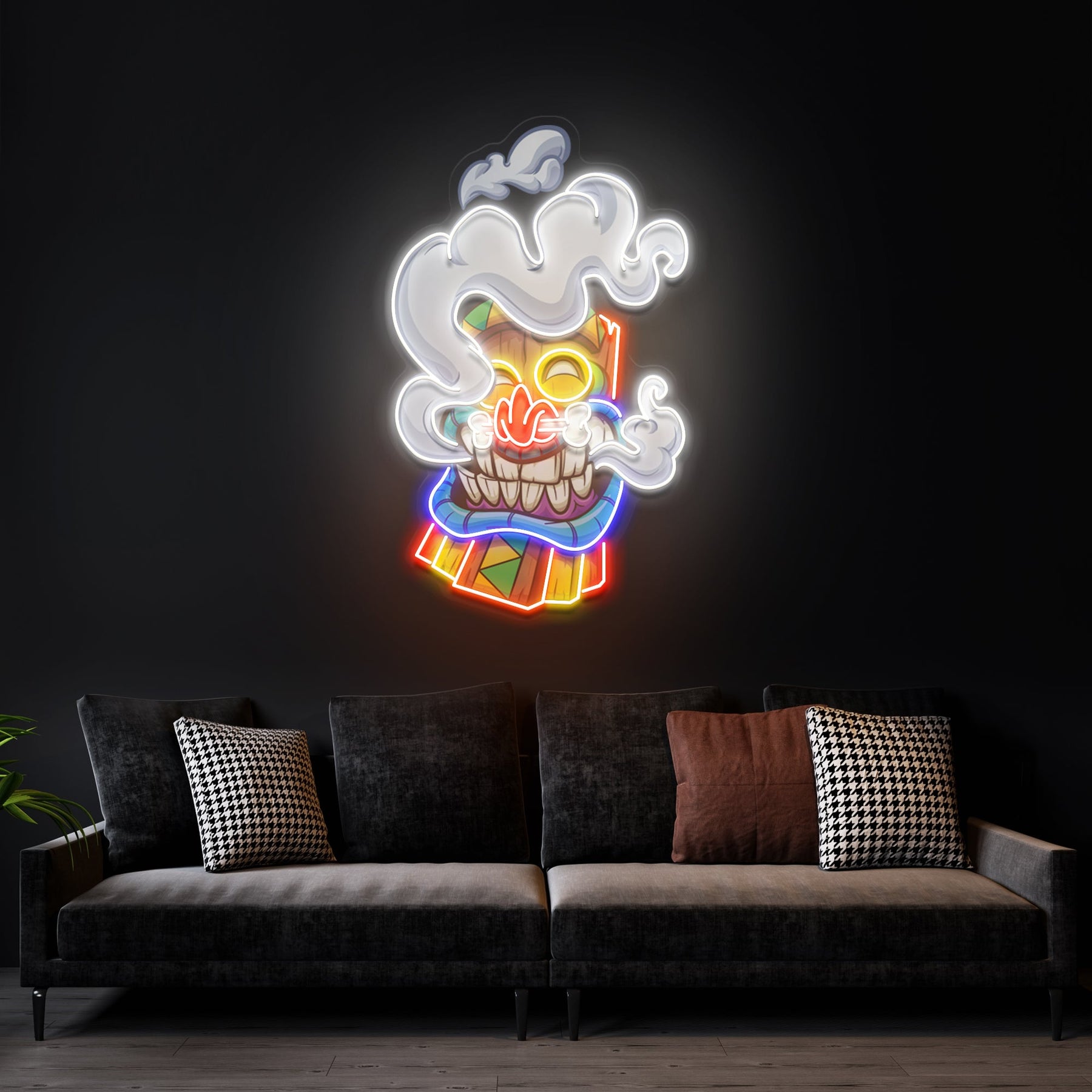 Cartoon Happy Smoking Tiki Mask Artwork Led Neon Sign Light