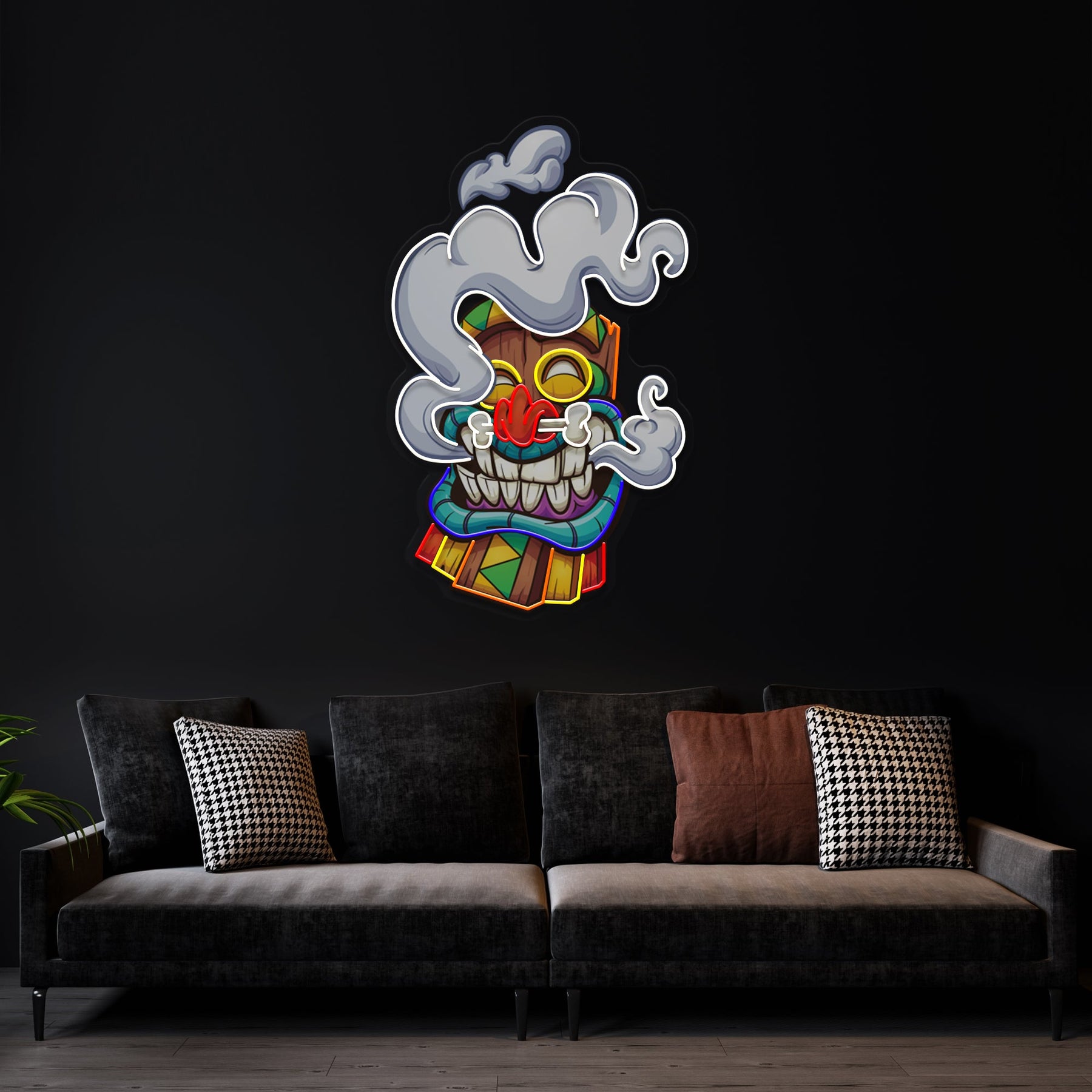 Cartoon Happy Smoking Tiki Mask Artwork Led Neon Sign Light