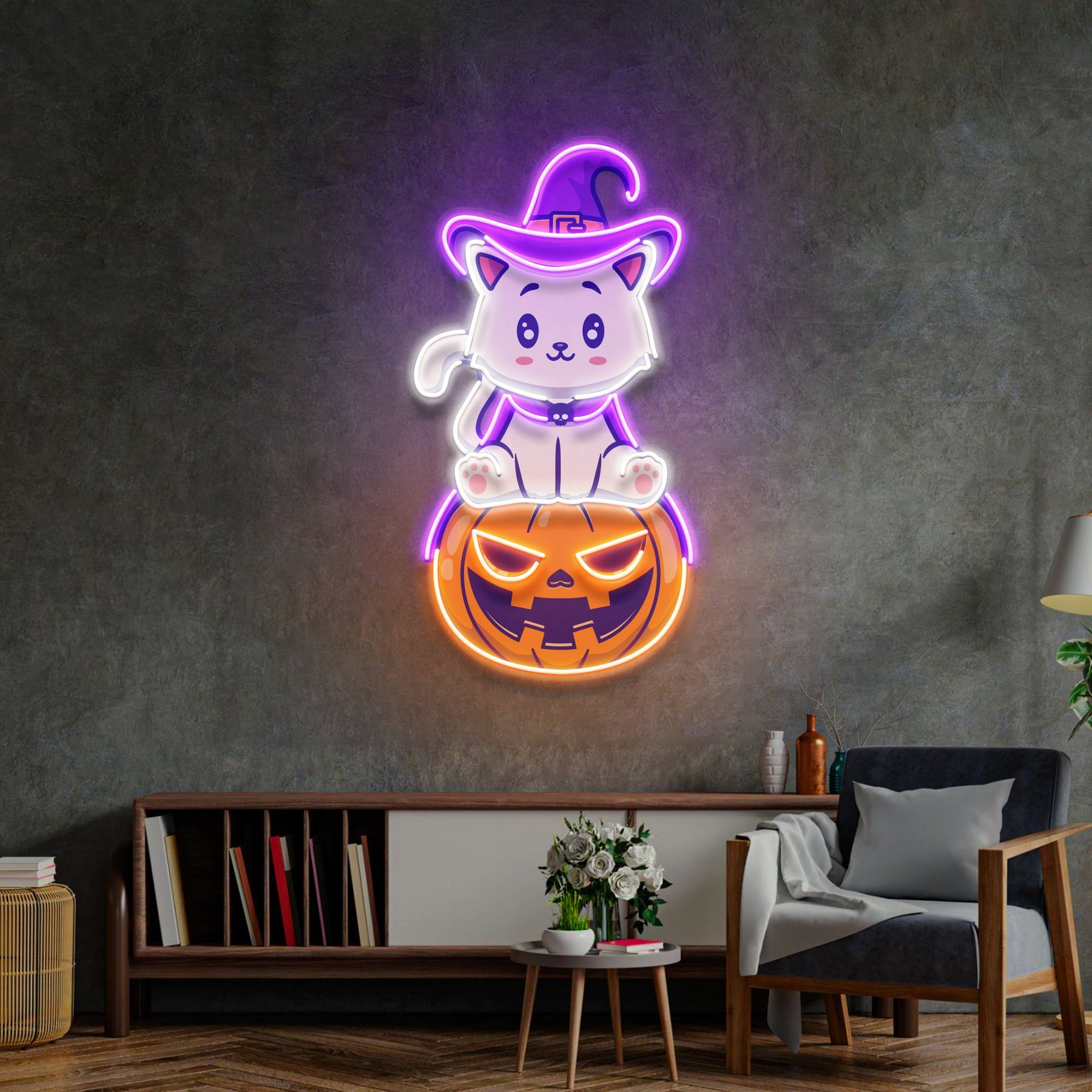 Cat on Pumpkin LED Neon Sign Light Pop Art