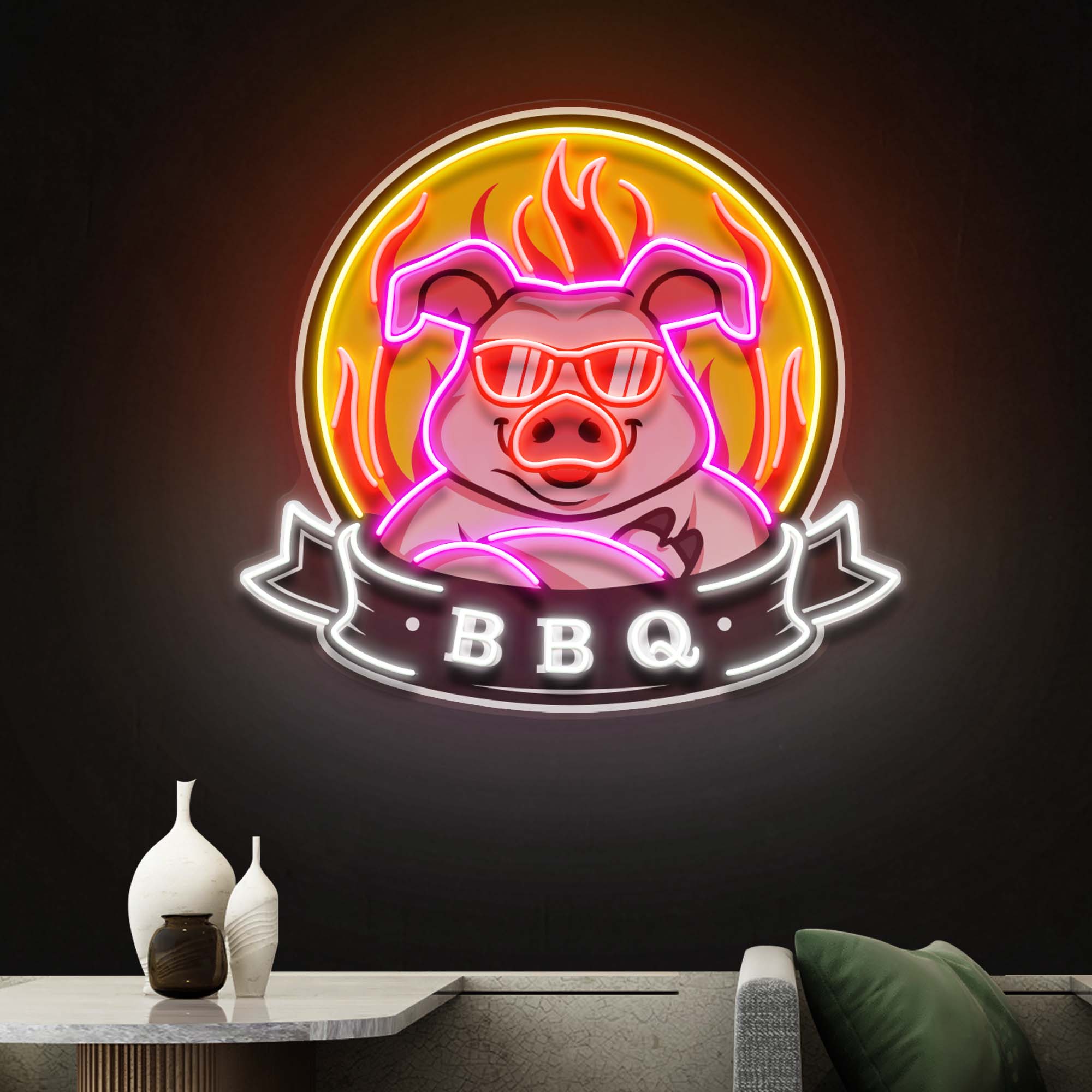 Custom Name Mascot Of Pig For BBQ In Badge Artwork Led Neon Sign Light