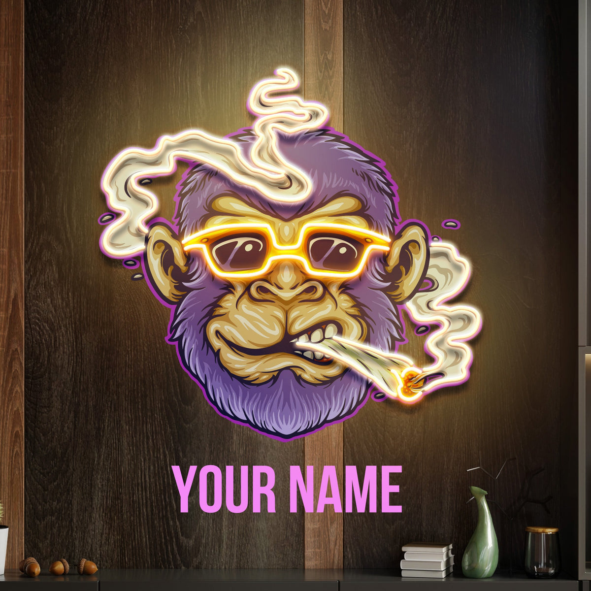 Custom Name Cool Monkey Stoner Cannabis Smoking Artwork Led Neon Sign Light