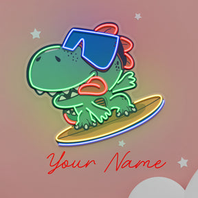 Custom Name Cute Cartoon Dinosaur Surfing On Artwork Led Neon Sign Light