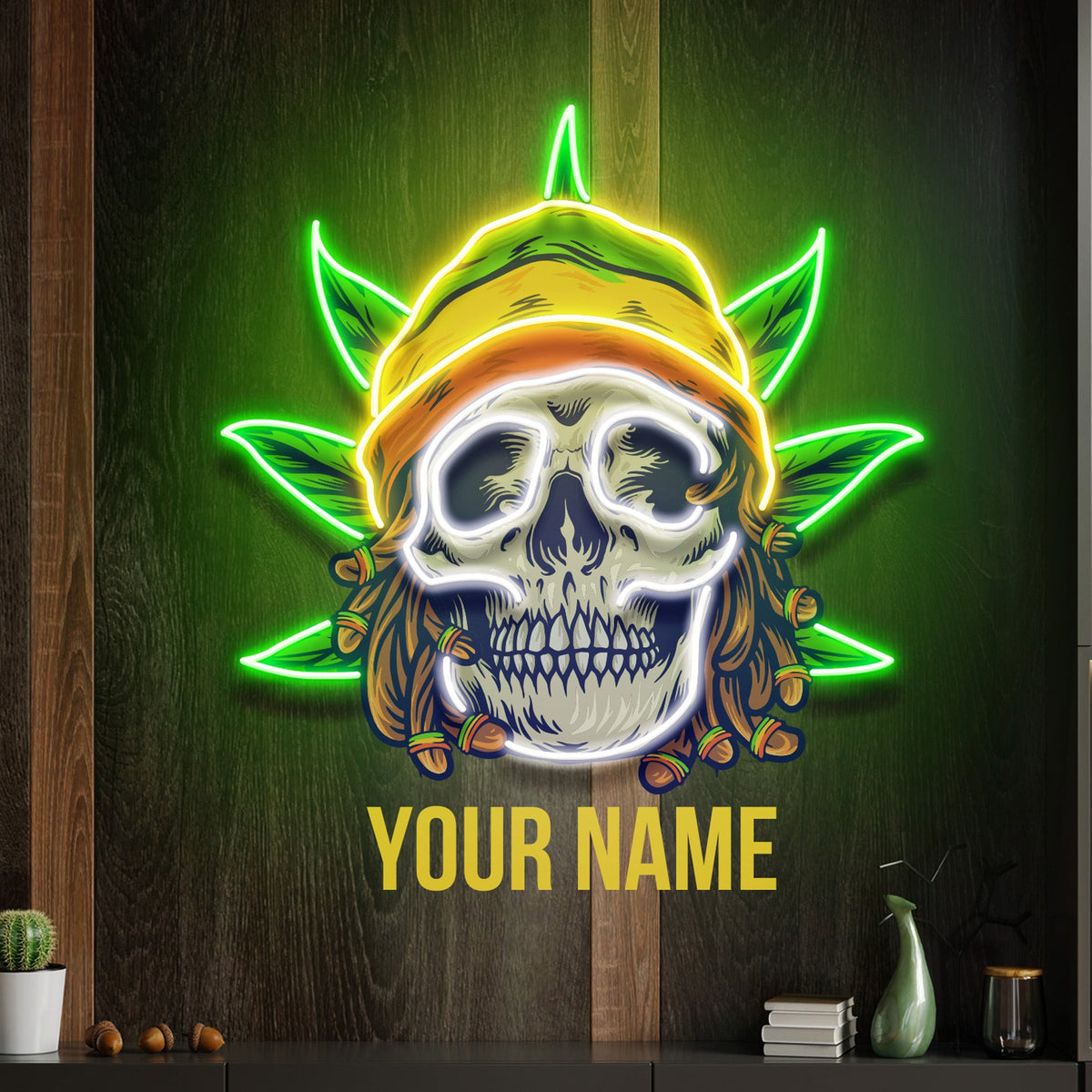 Custom Name Dreadlock Rastaman Skull Jamaican Leaf Weed Artwork Led Neon Sign Light