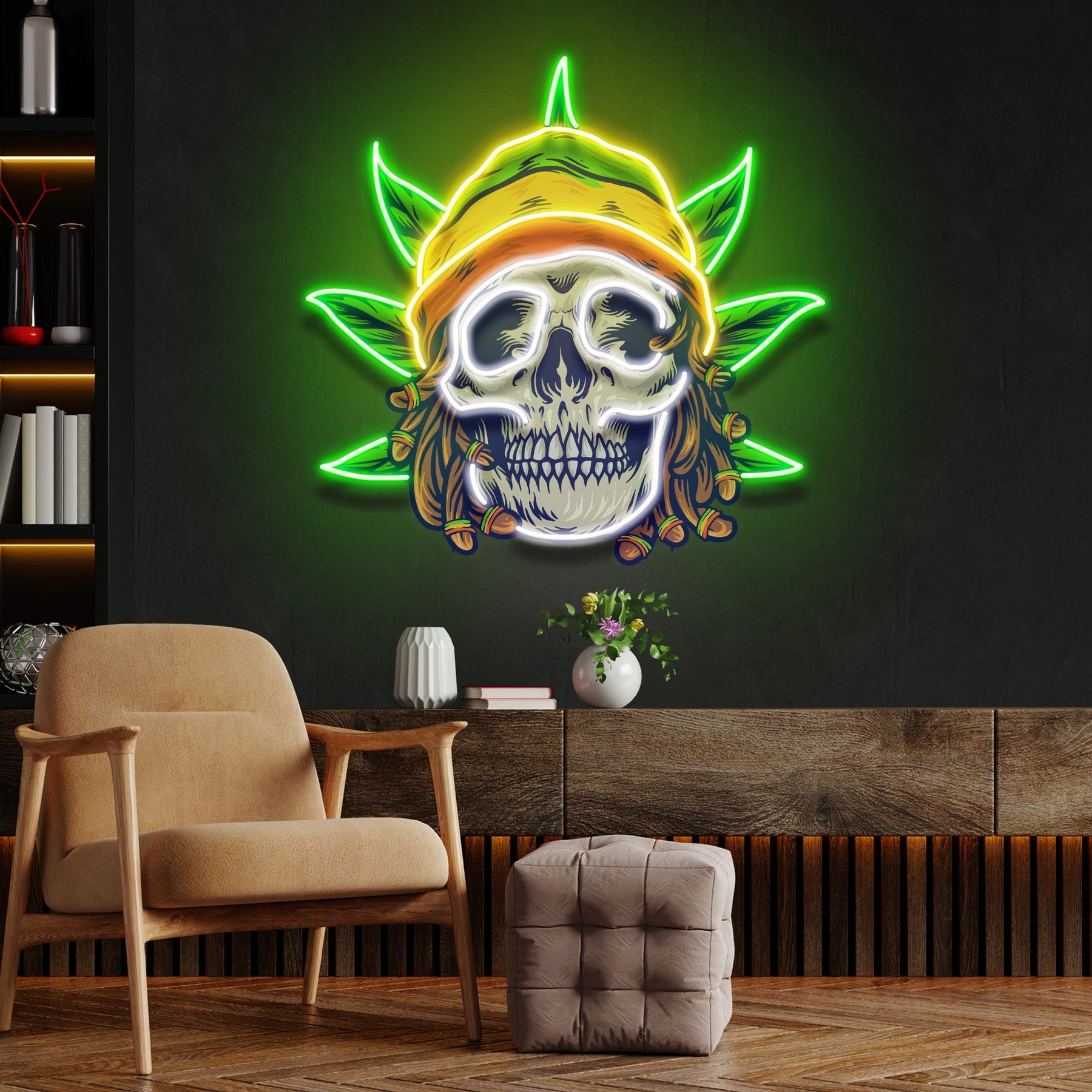 Custom Name Dreadlock Rastaman Skull Jamaican Leaf Weed Artwork Led Neon Sign Light