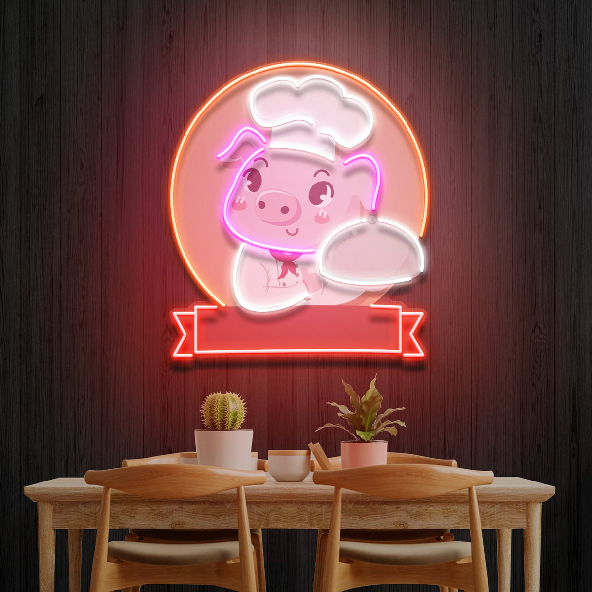 Custom Name Logo Cute And Friendly Pig Chef Holds Artwork Led Neon Sign Light