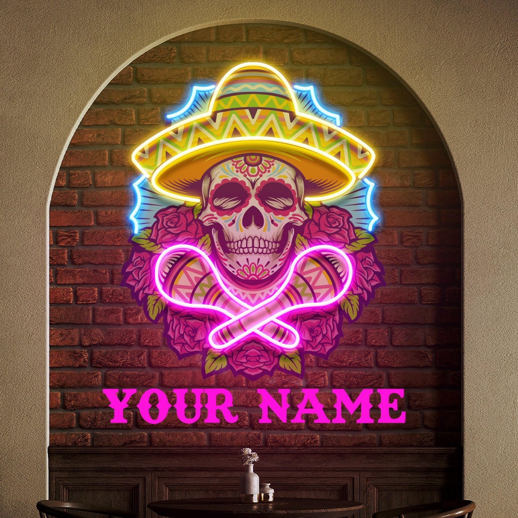 Custom Name Mexican Dia De Los Muertos Skull Artwork Led Neon Sign Light