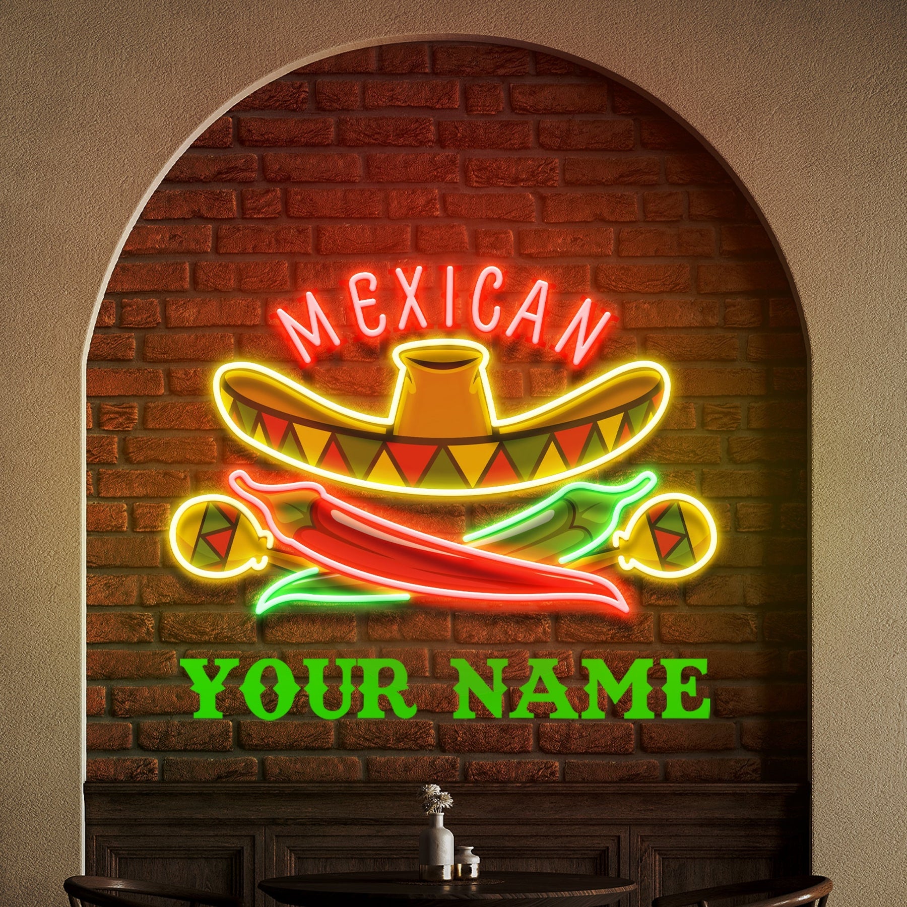Custom Name Mexican Restaurant Sombrero Hat Artwork Led Neon Sign Light