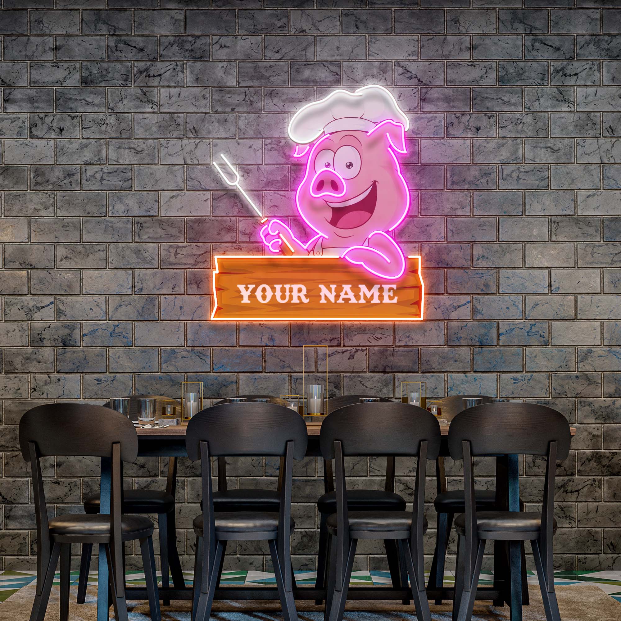 Custom Name Pig BBQ Chef Artwork Led Neon Sign Light