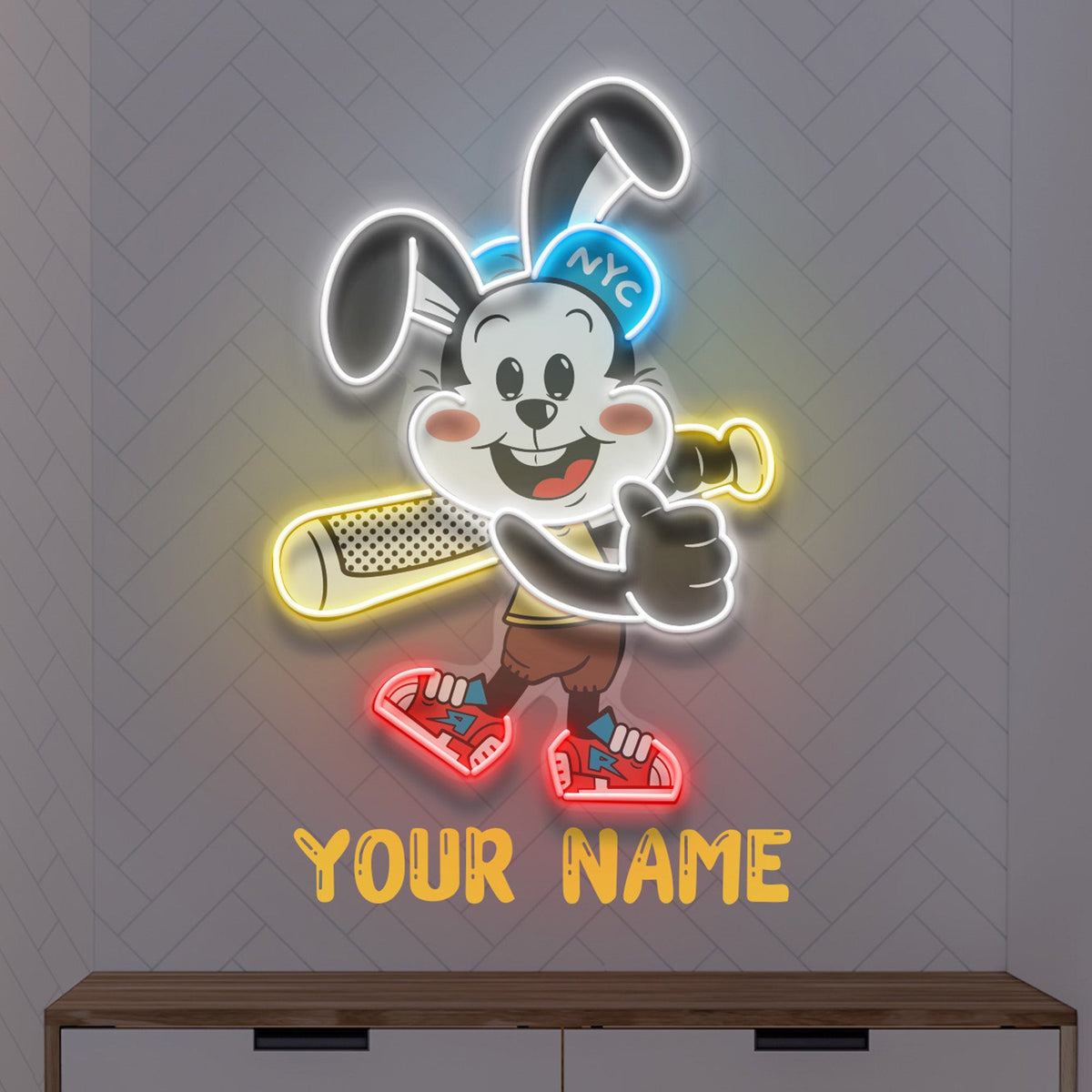 Custom Name Rabbit Playing Baseball Artwork Led Neon Sign Light