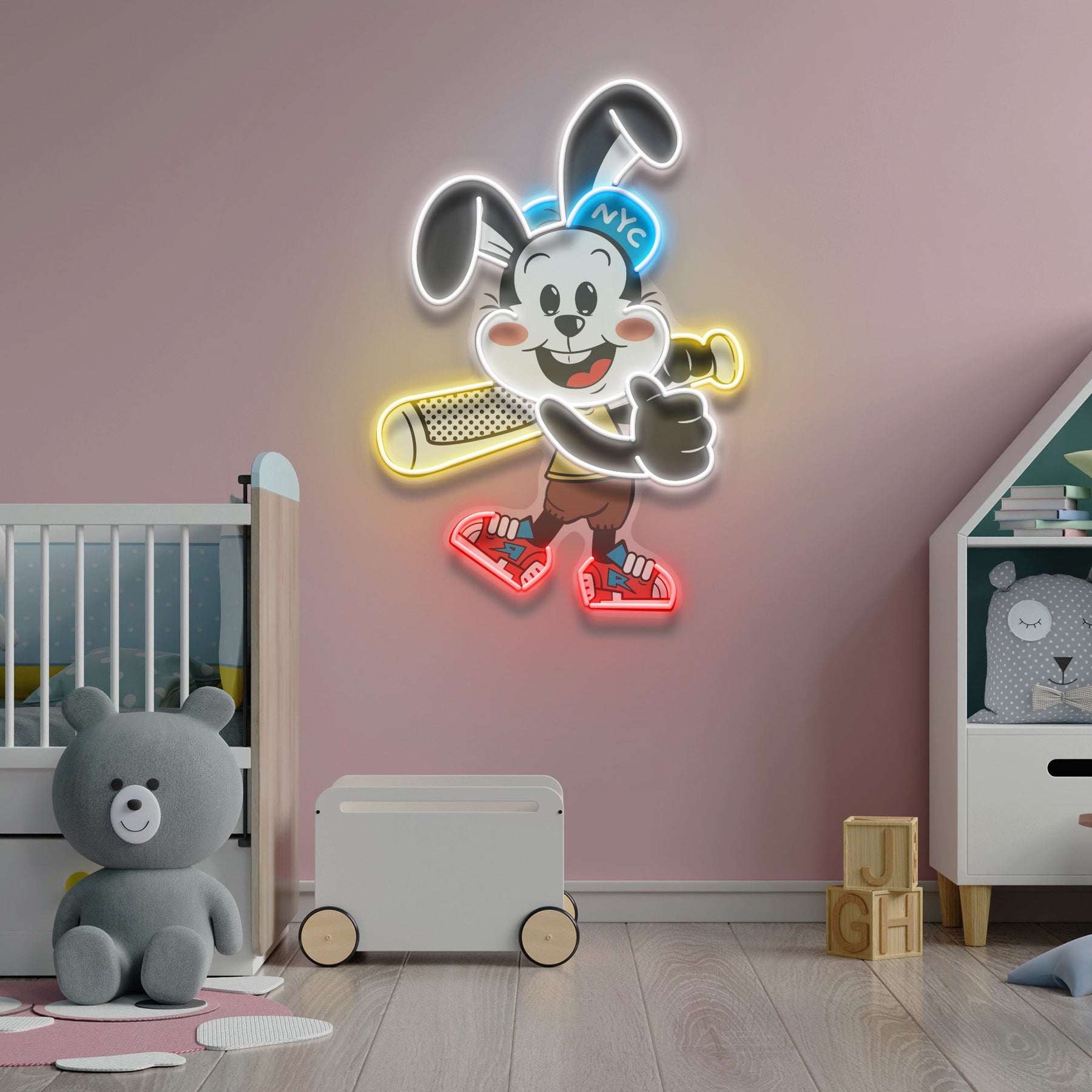 Custom Name Rabbit Playing Baseball Artwork Led Neon Sign Light