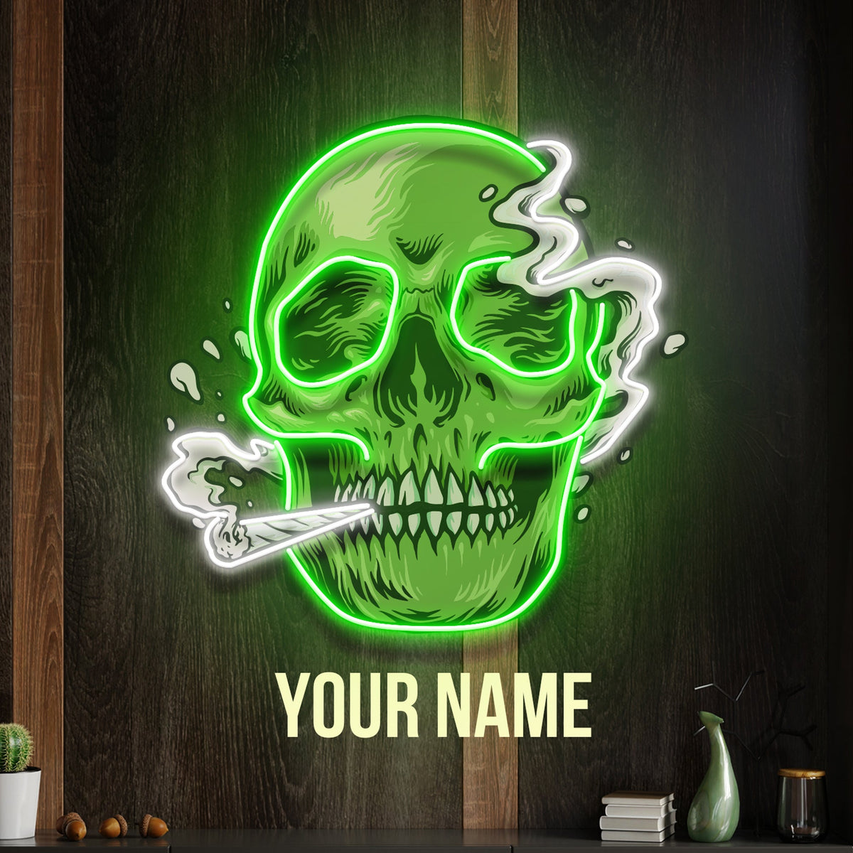 Custom Name Smoking Weed Green Skull Artwork Led Neon Sign Light