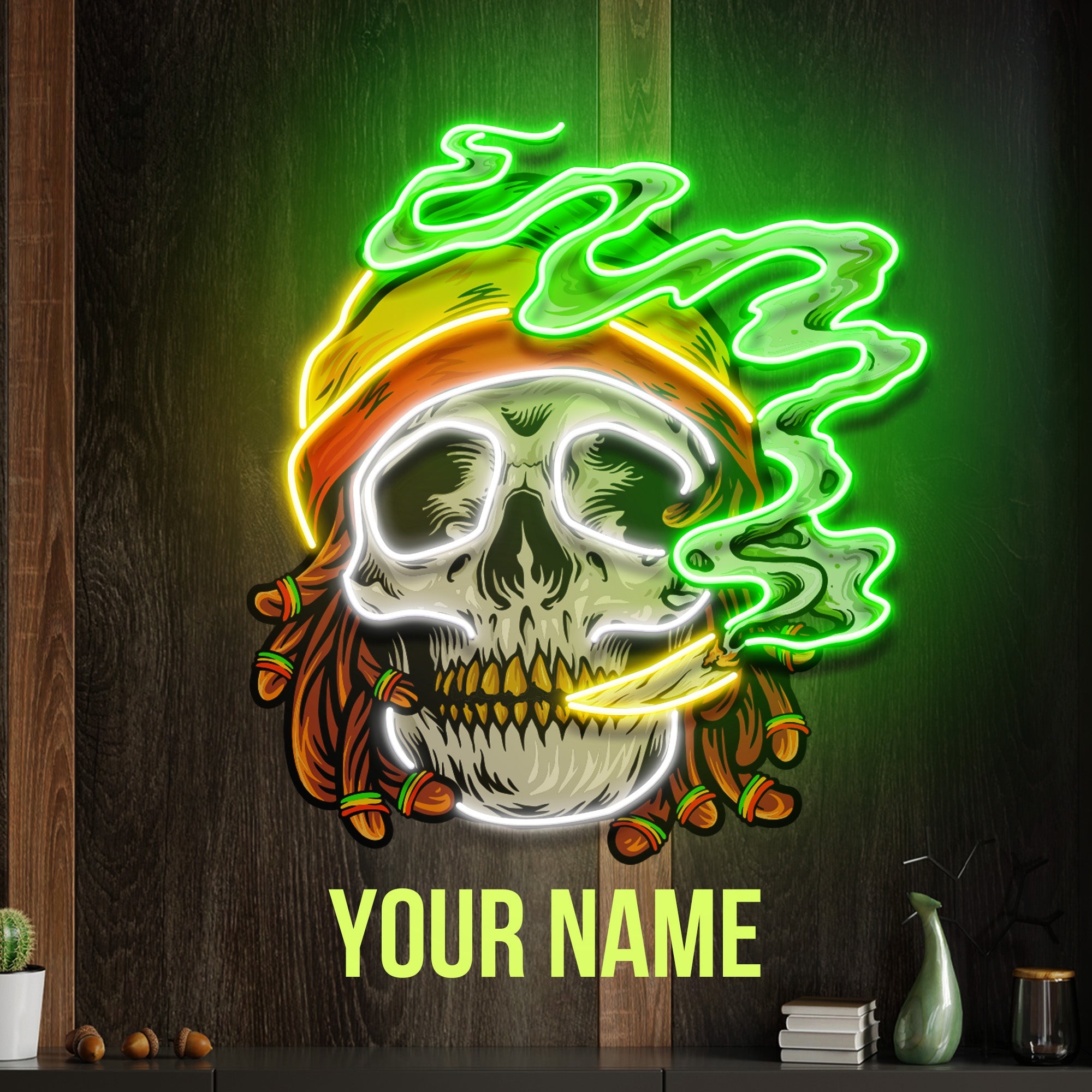 Custom Name Weed Skull Smoke Cannabis Jamaican Artwork Led Neon Sign Light