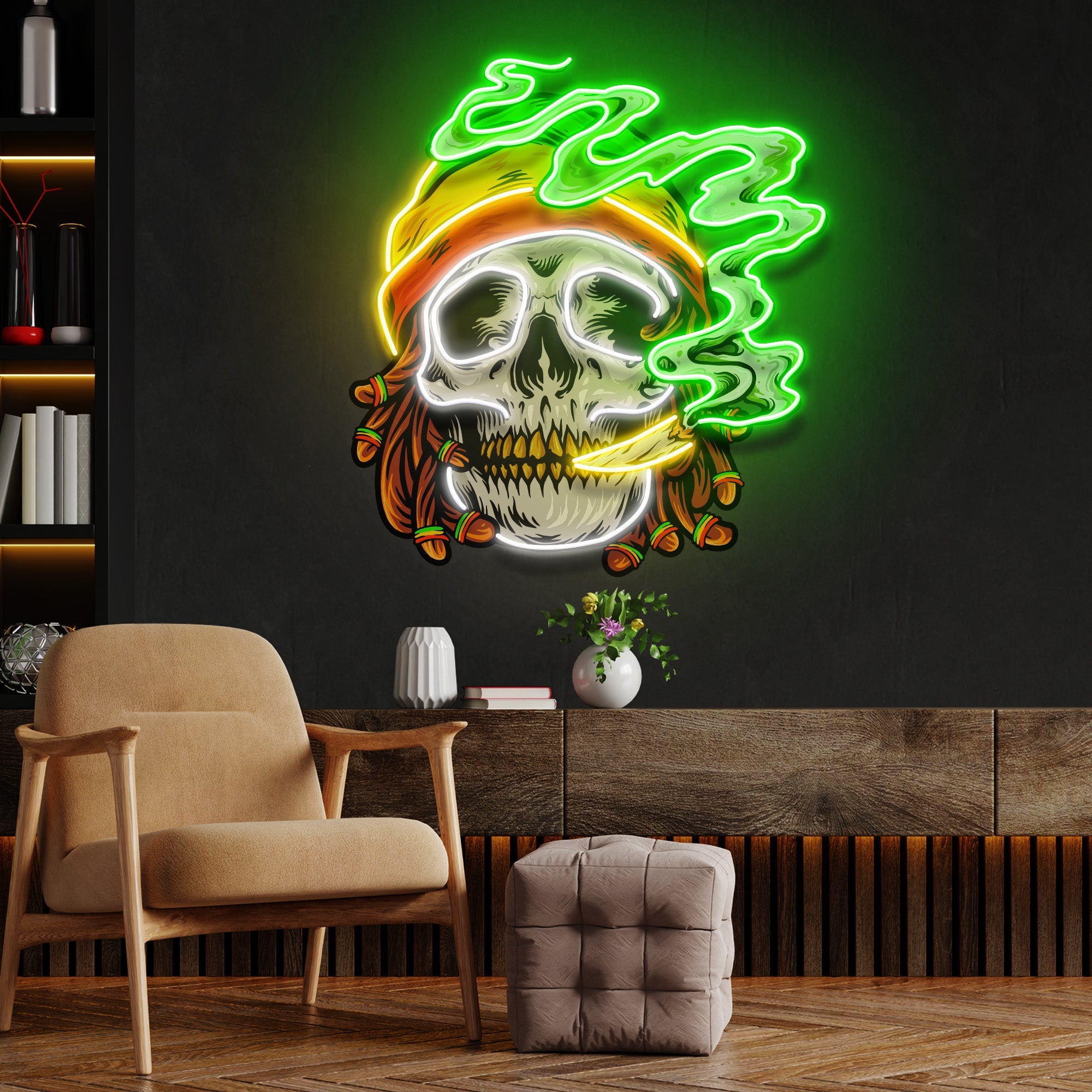 Custom Name Weed Skull Smoke Cannabis Jamaican Artwork Led Neon Sign Light