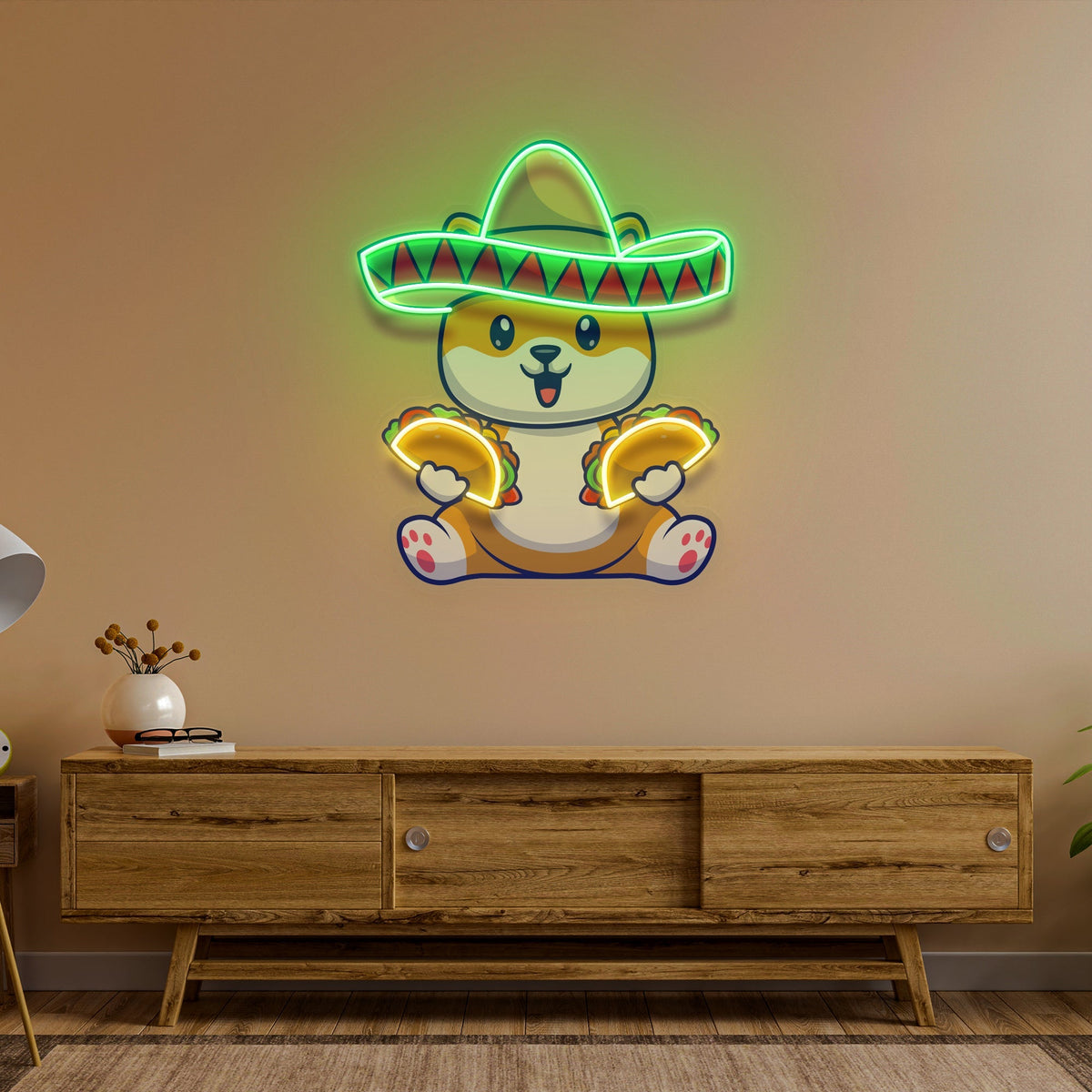 Cute Dog Eating Tacos With Sombreno Hat Artwork Led Neon Sign Light