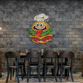Funny Burger Chef Logo Mascot Artwork Led Neon Sign Light