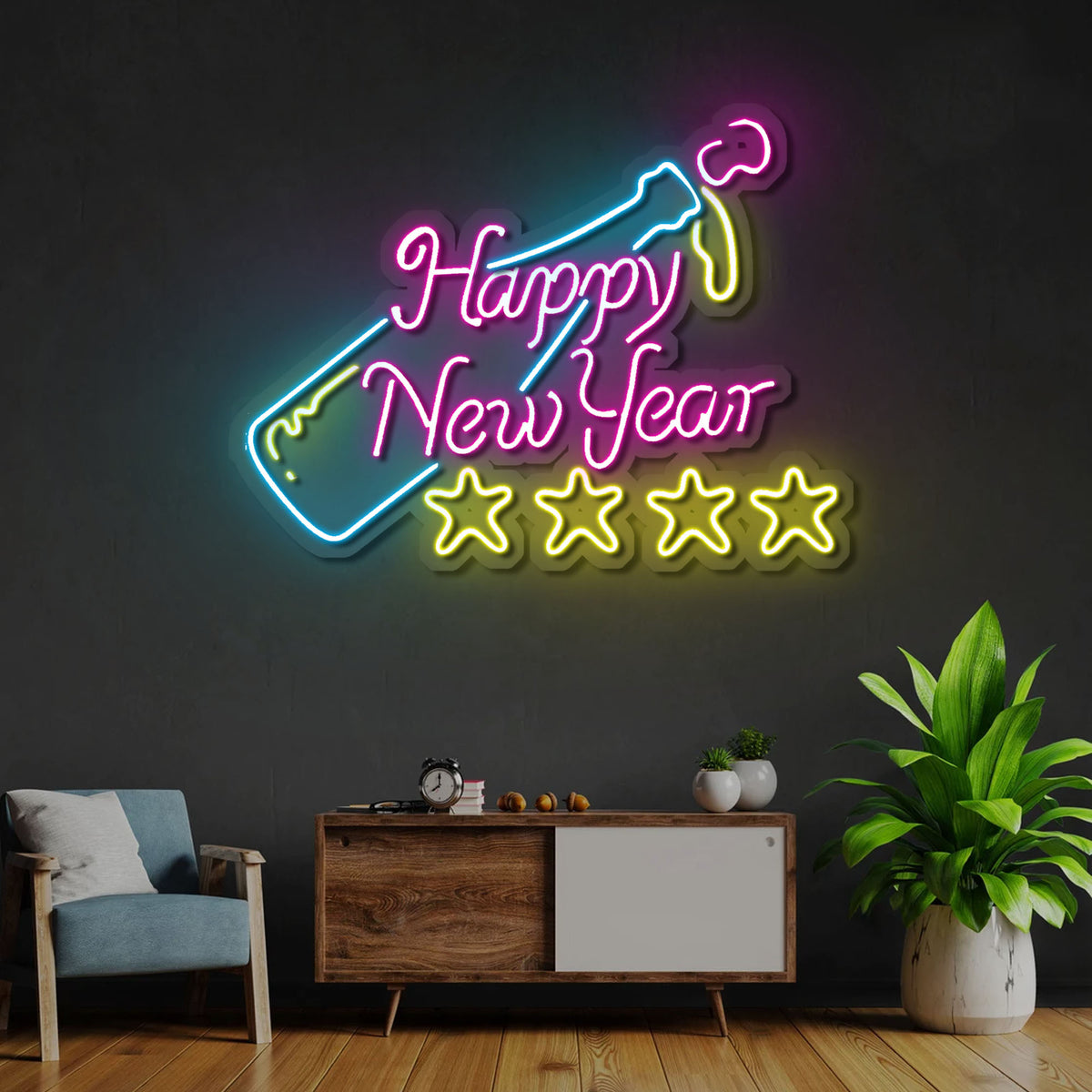 Happy New Year Neon 4 Stars Sign Led