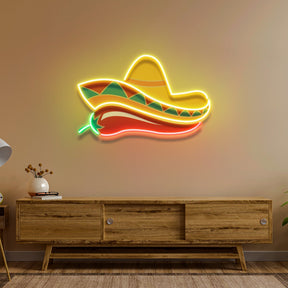 Mexican Sombrero Hat with Chili for Restaurant Artwork Led Neon Sign Light