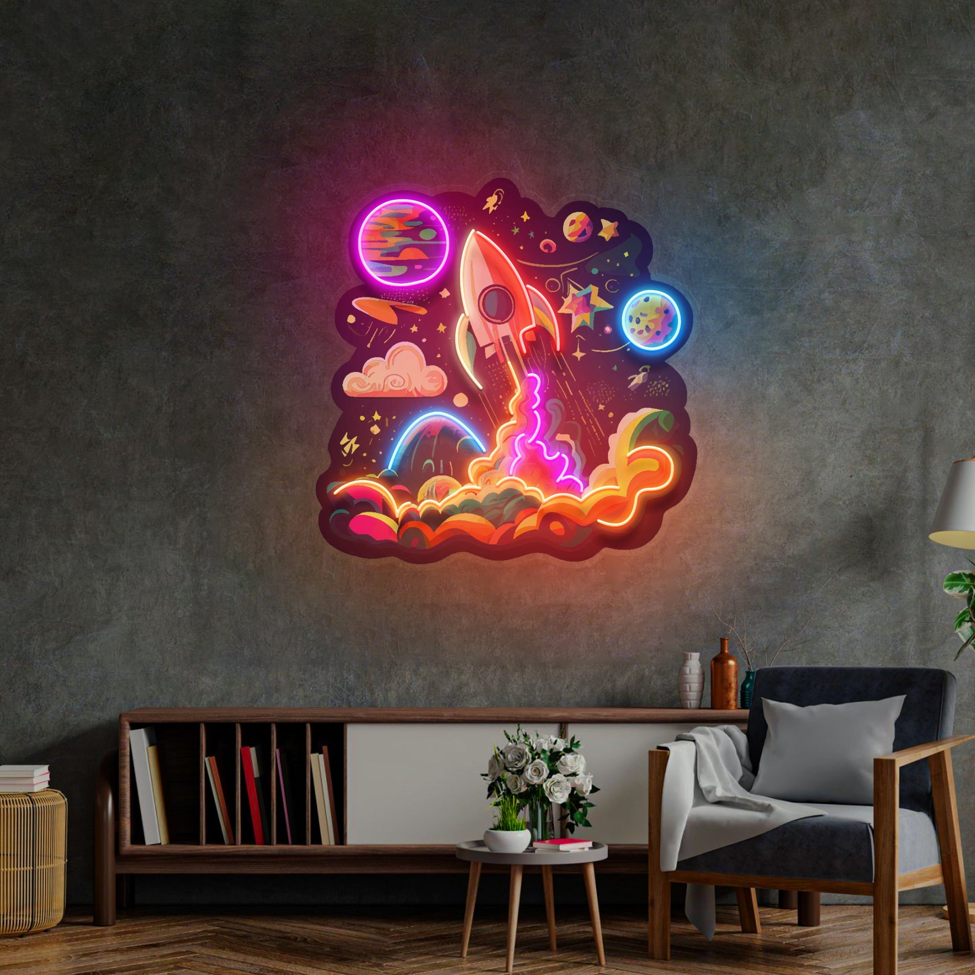 Rocket Launching Into Galaxy LED Neon Sign Light Pop Art