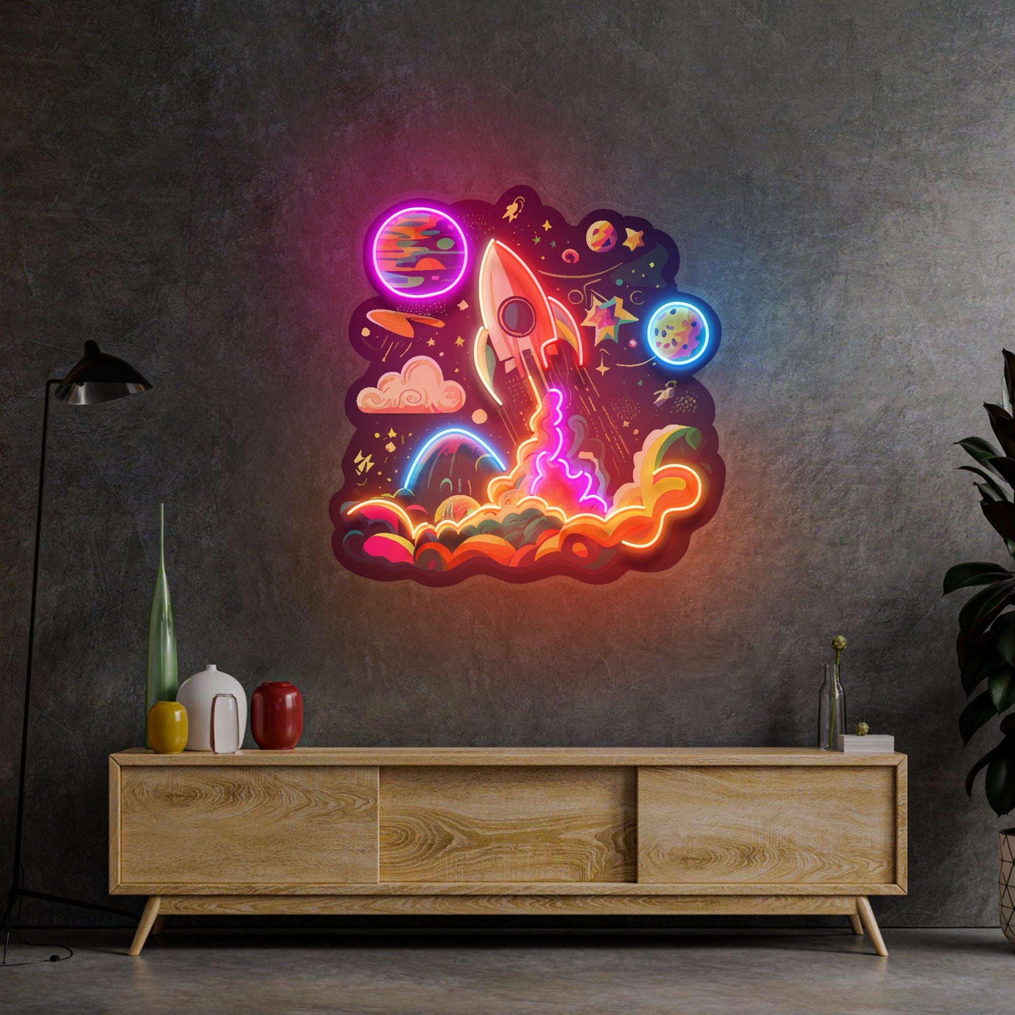 Rocket Launching Into Galaxy LED Neon Sign Light Pop Art