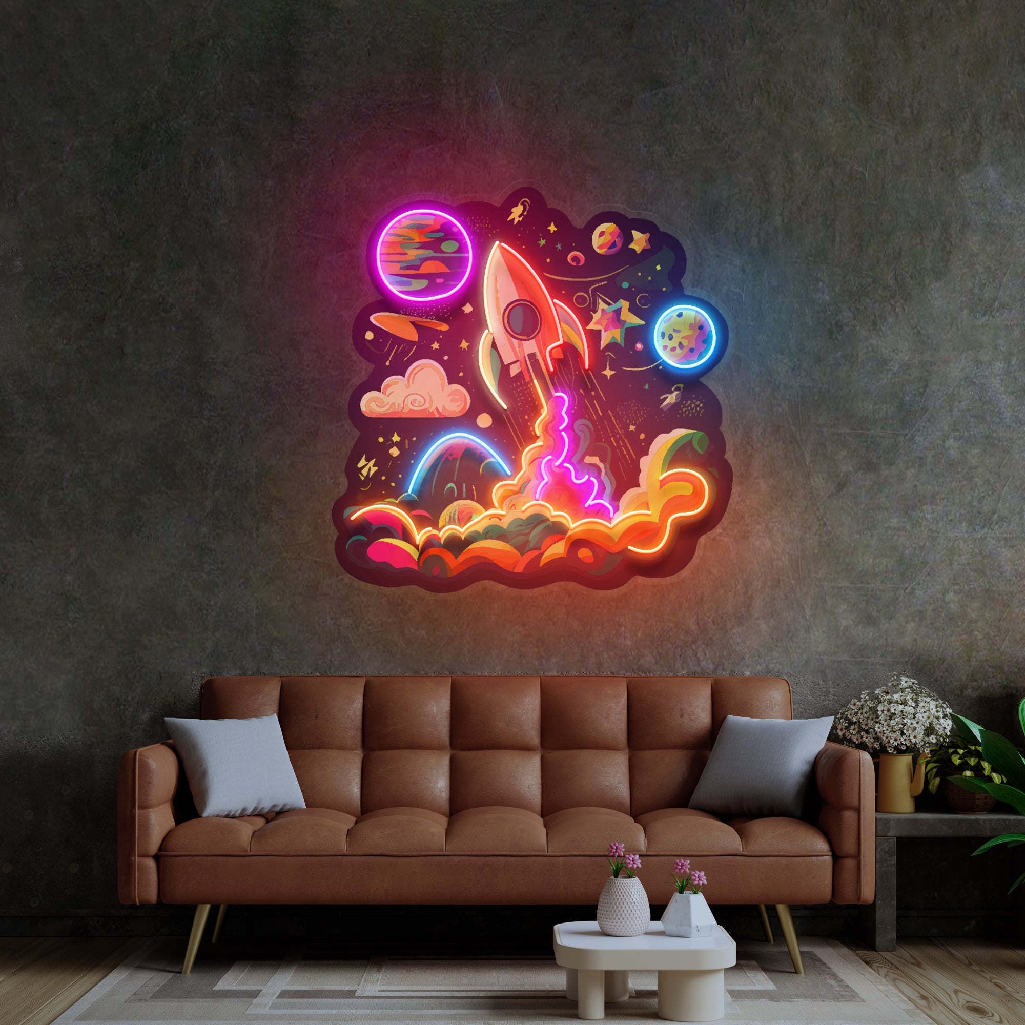 Rocket Launching Into Galaxy LED Neon Sign Light Pop Art