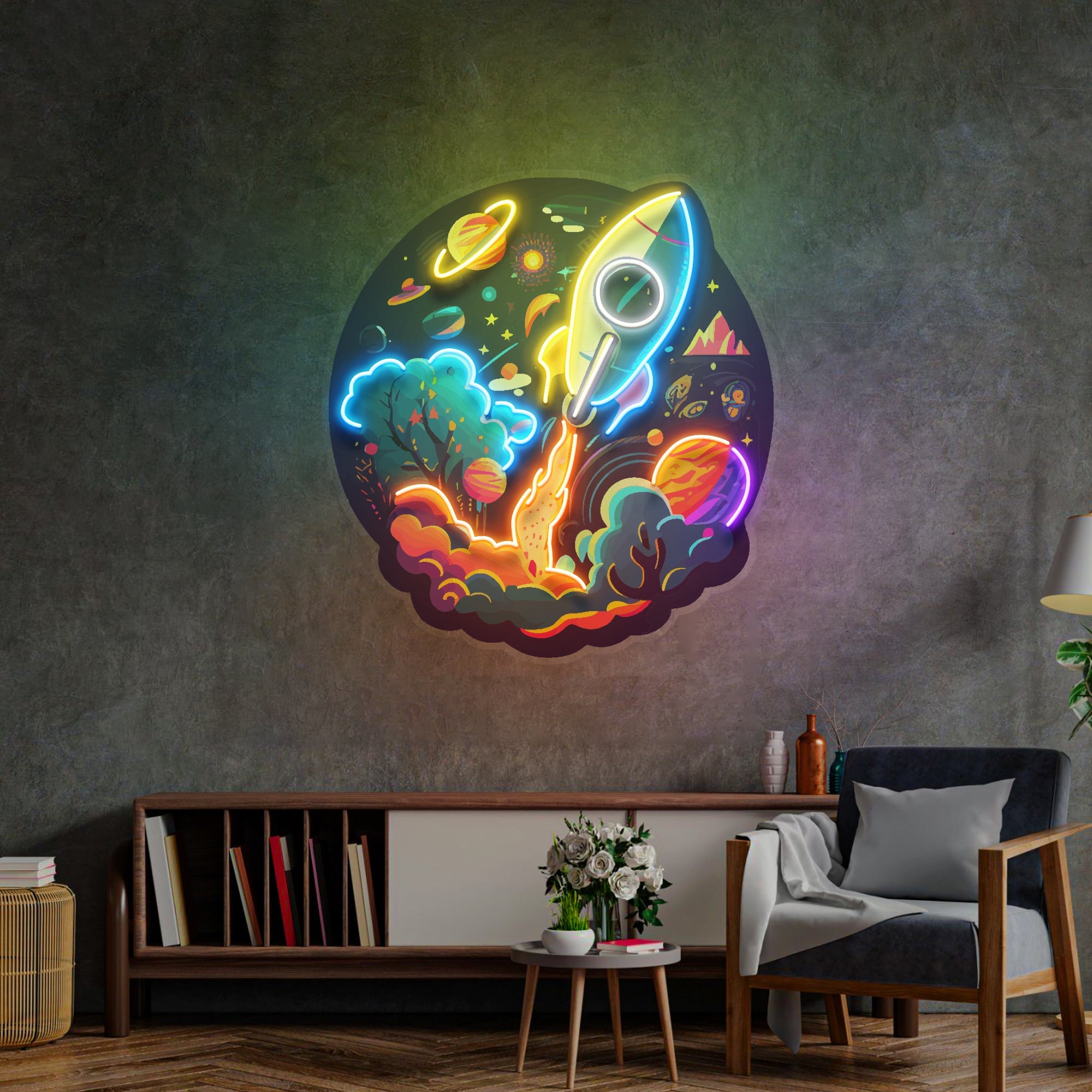 Rocket Launching Universe LED Neon Sign Light Pop Art